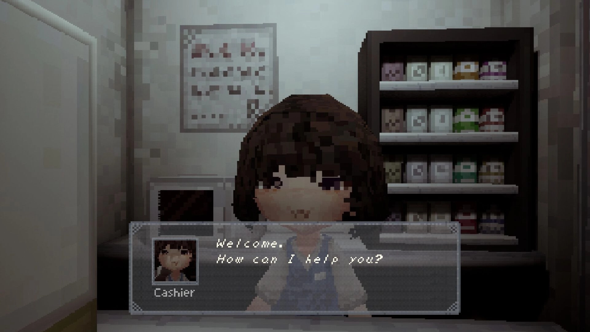 Invisum Piscium 嫌魚: Cashier dialogue box says “Welcome, How can I help you?” at a shop counter.