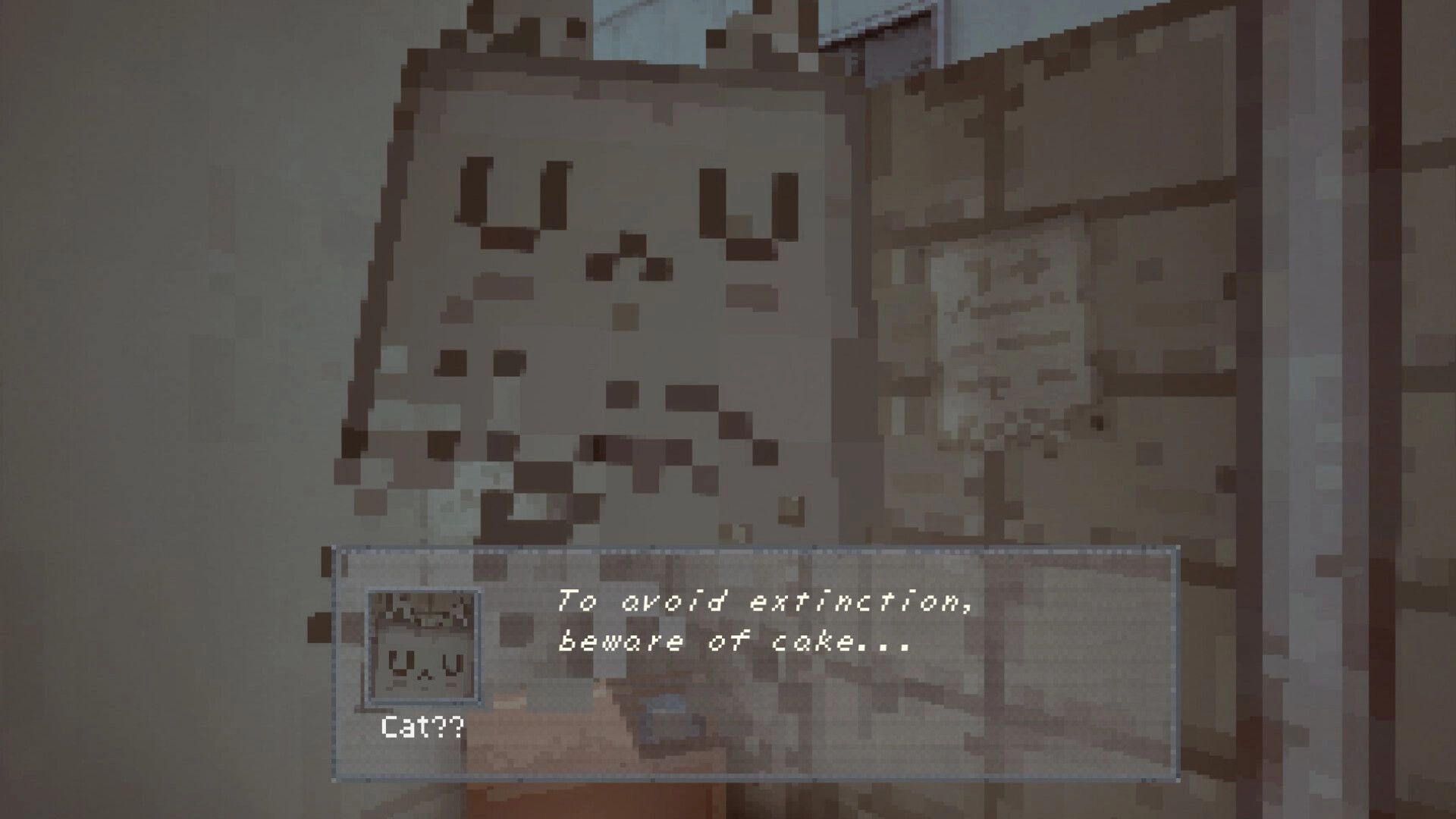 Invisum Piscium 嫌魚: Pixel cat face close-up with dialogue box saying “beware of cake...” indoors.