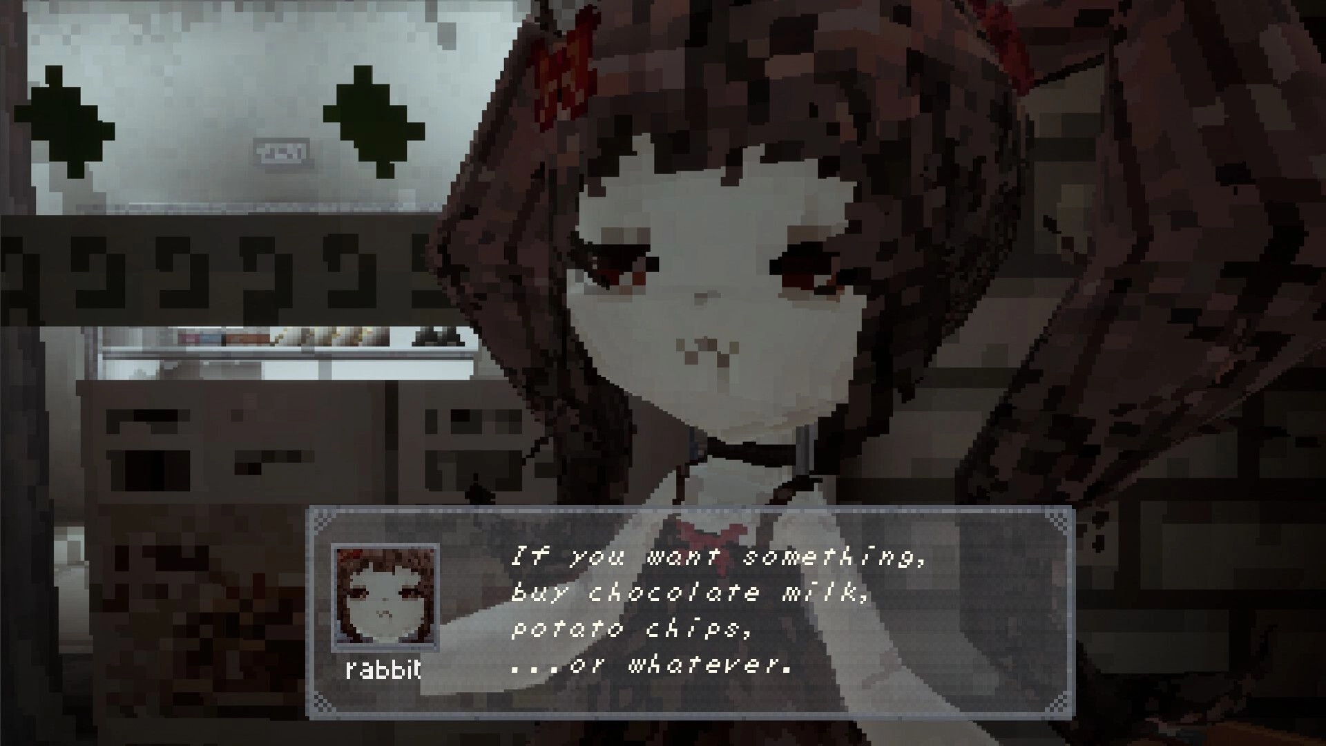 Invisum Piscium 嫌魚: Close-up of Rabbit NPC with dialogue box in a dim shop interior scene.