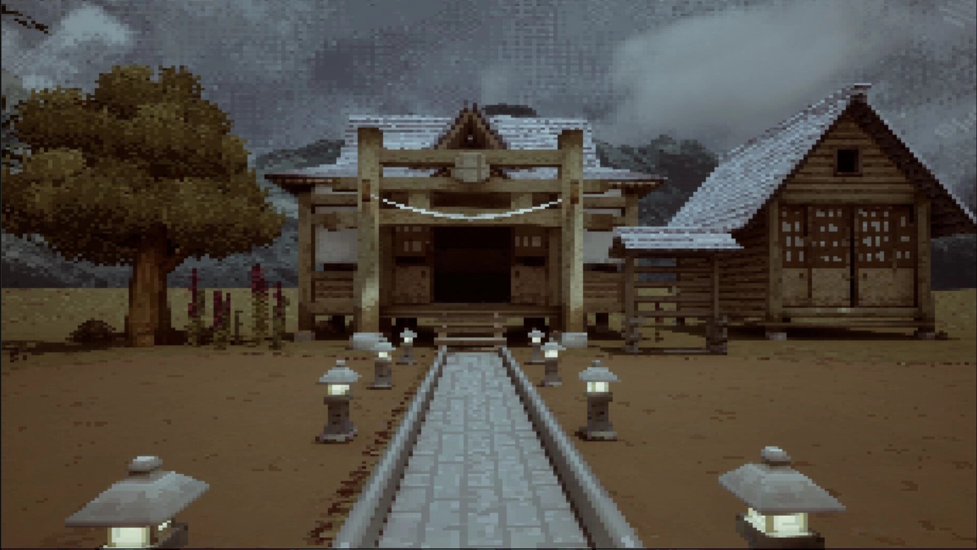 Invisum Piscium 嫌魚: Stone path to a wooden shrine and house, lanterns lit under cloudy sky.