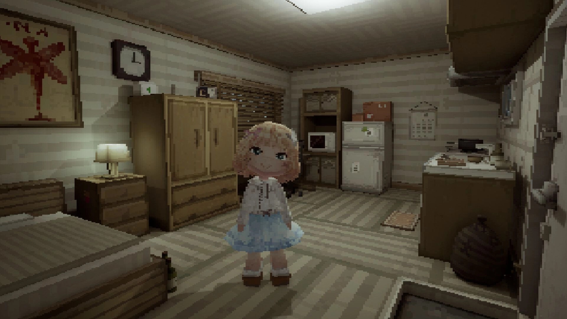 Invisum Piscium 嫌魚: Chibi girl stands in small apartment room with bed, fridge, and stove lit by lamp.