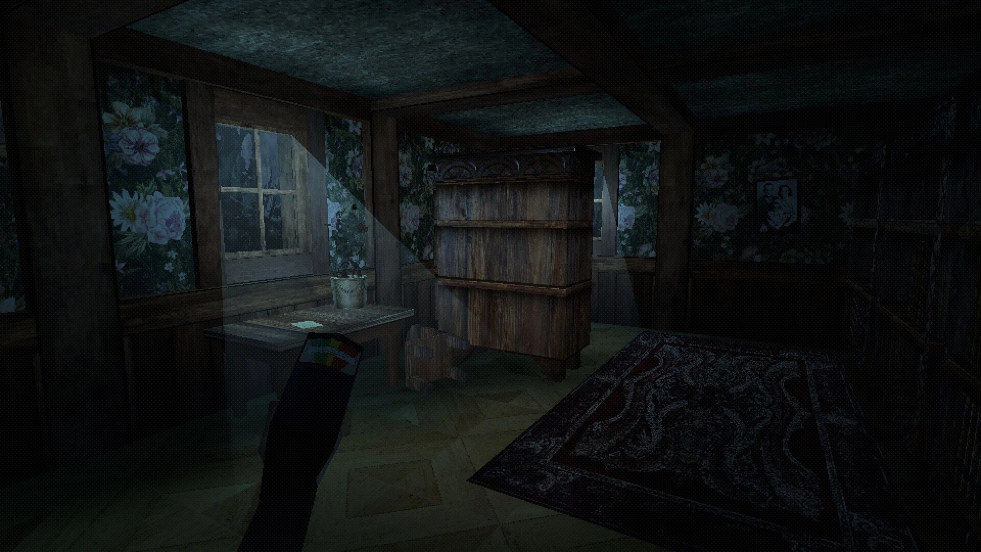 Invocation: Exploring dimly lit room with flashlight beam highlighting table and floral wallpaper