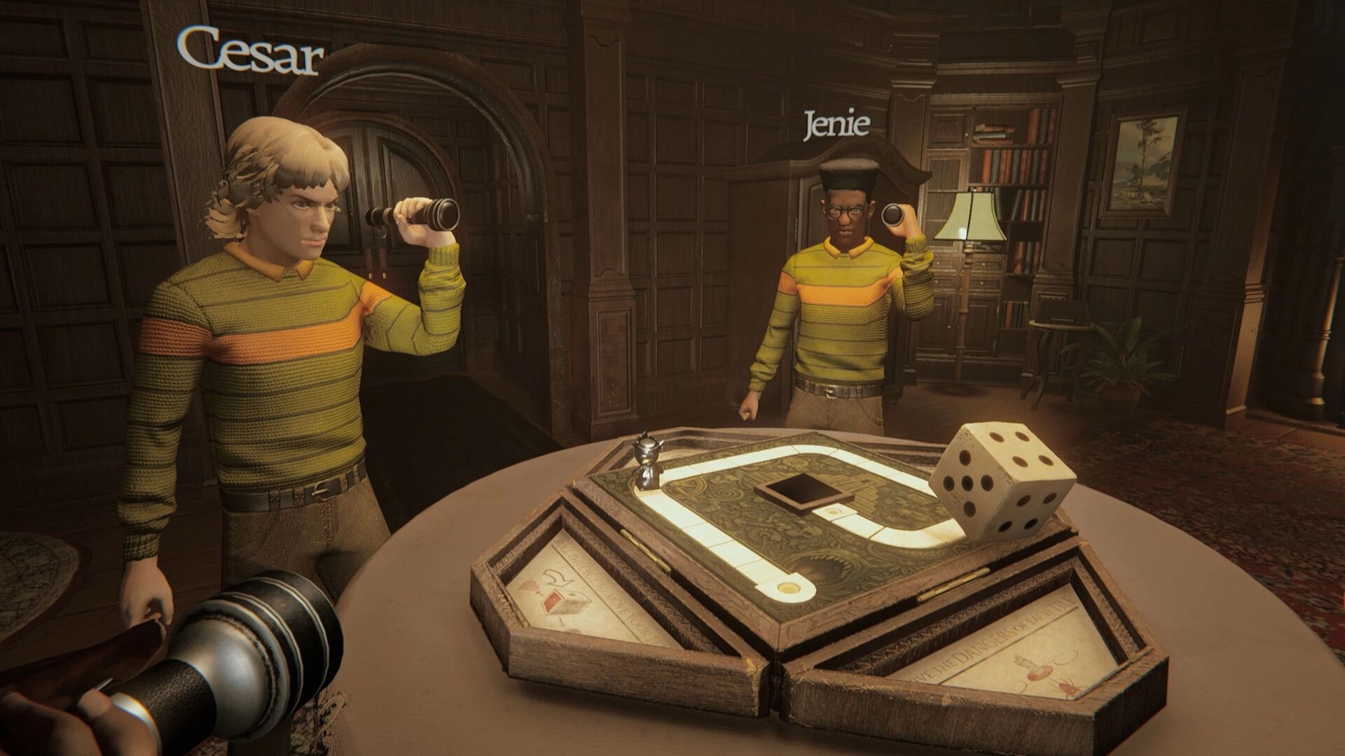 Invokyr: Cesar and Jenie hold flashlights by a board game table with dice in a dark study.