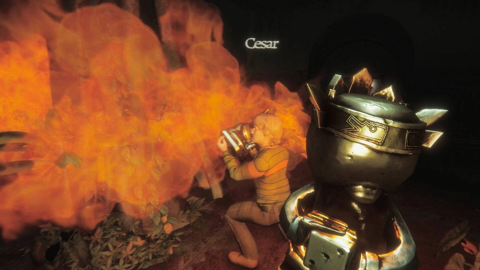 Invokyr: Cesar kneels shielding his face from a burst of orange fire beside a gold statue in darkness.