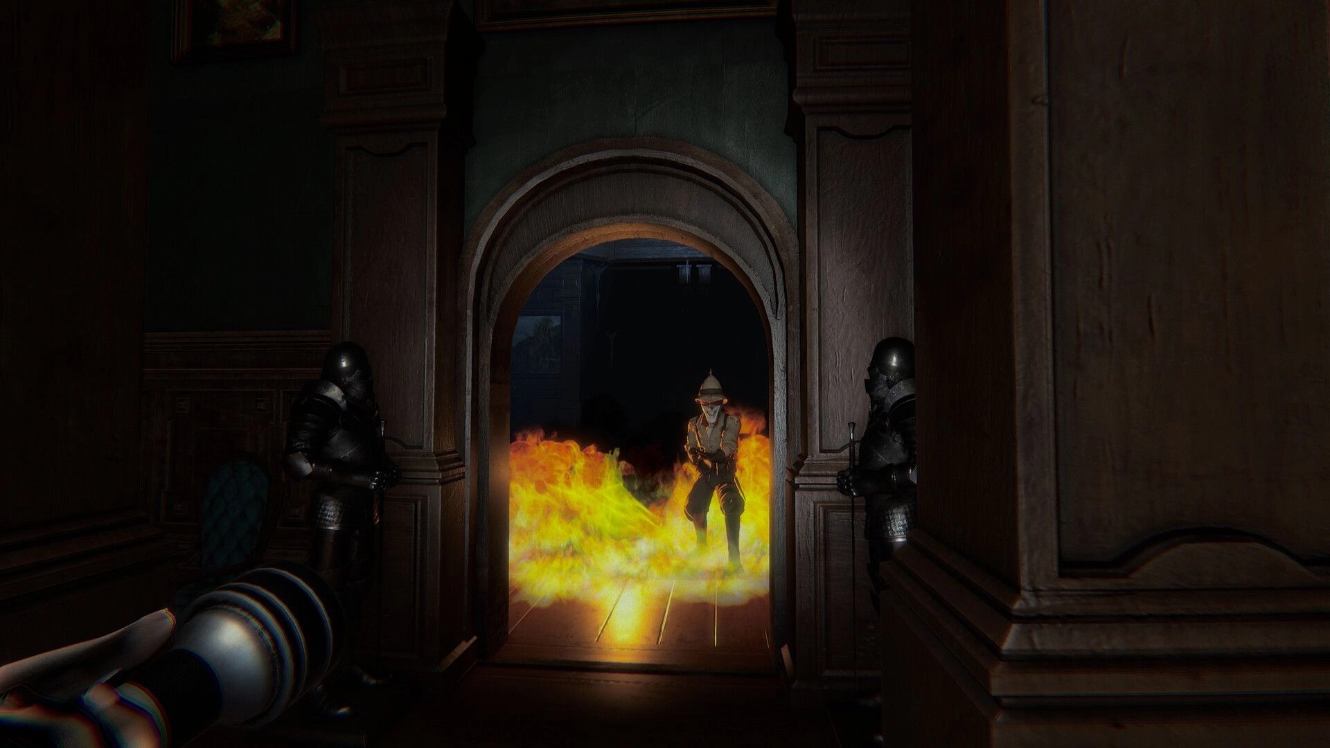 Invokyr: First-person view aiming at a masked foe through flames in a dark wooden hallway doorway.
