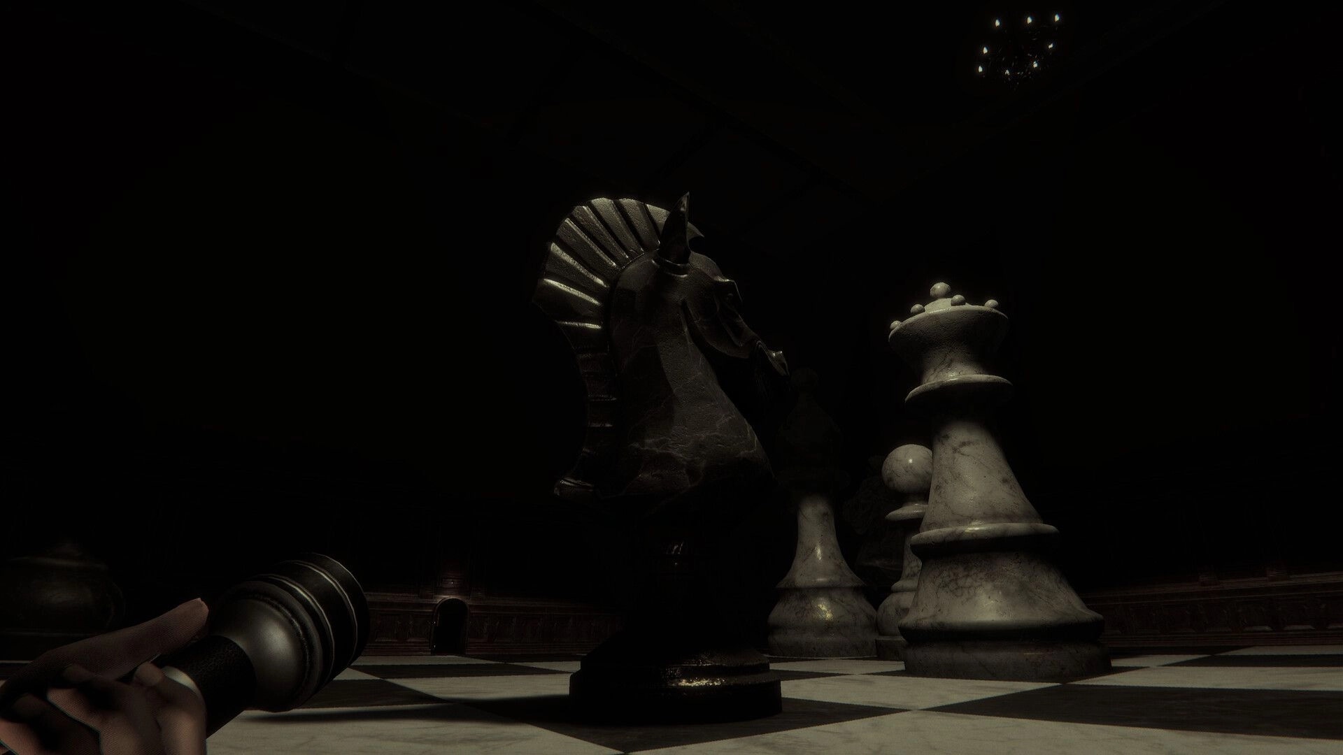 Invokyr: Flashlight view of giant chess pieces on a checkered board in a dark hall.