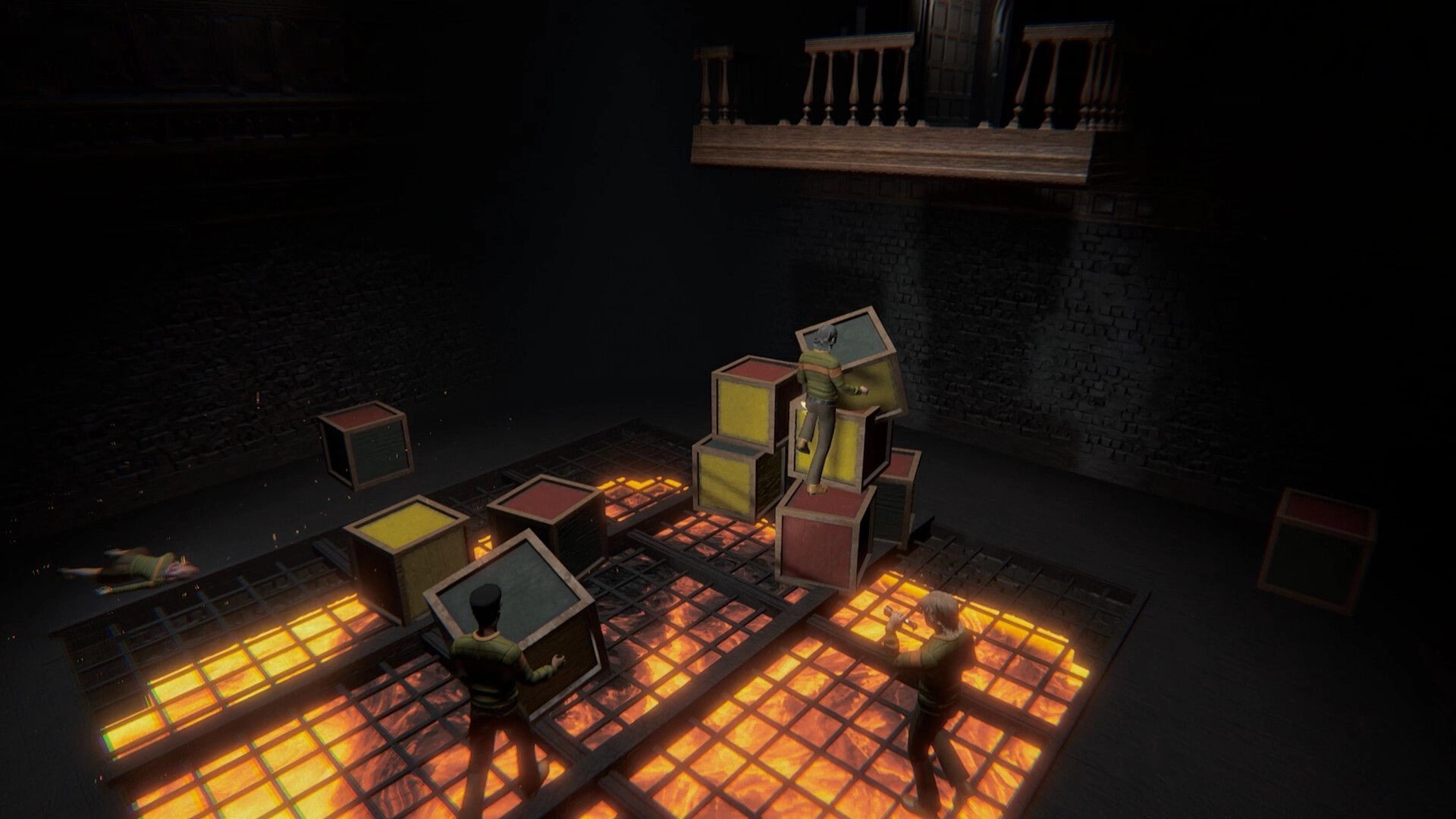 Invokyr: Co-op players stack colored crates over glowing floor tiles in a dark brick chamber.