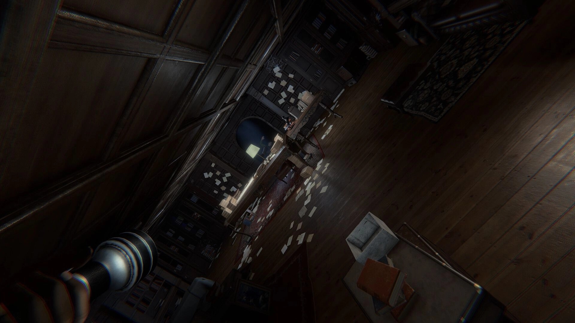 Invokyr: Flashlight view of a tilted library hall with scattered papers and a desk ahead.