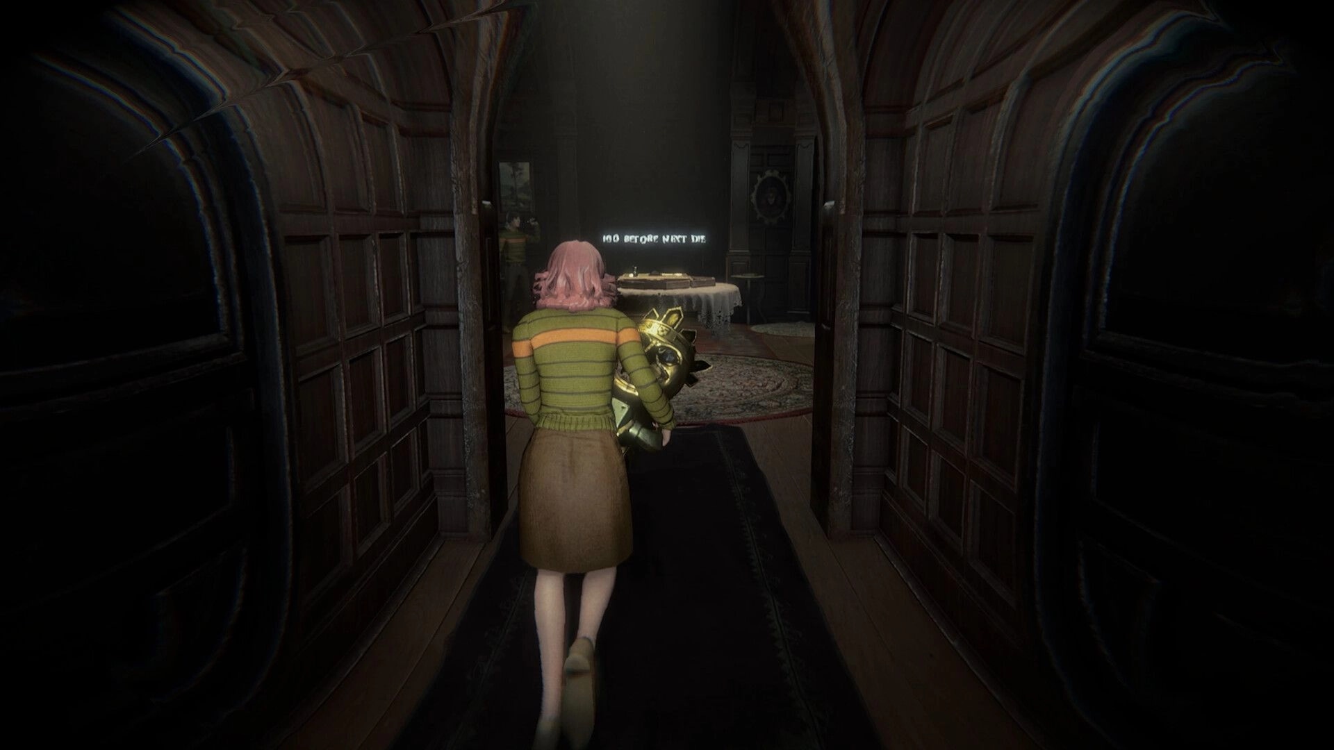 Invokyr: Third-person character carries a glowing mask down a dark wood hallway toward a table room.