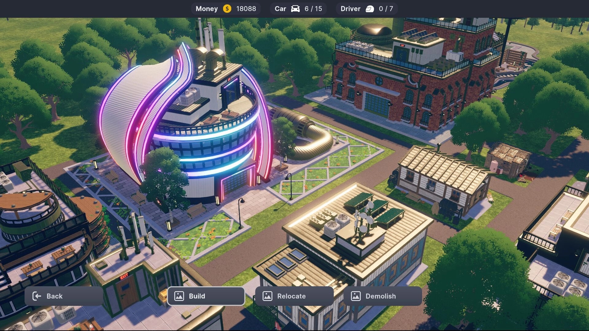 iRacing Arcade: Overhead view of futuristic buildings with build, relocate, and demolish options displayed