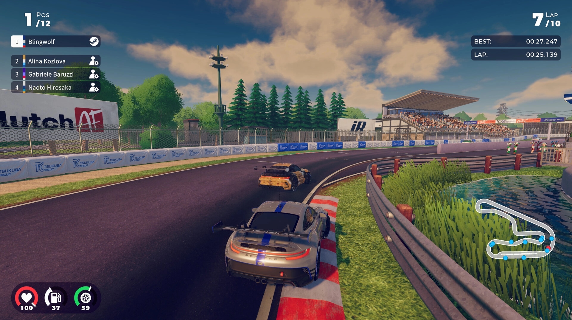 iRacing Arcade: Cars racing on a curved track with leaderboard and lap details, grandstand in the background