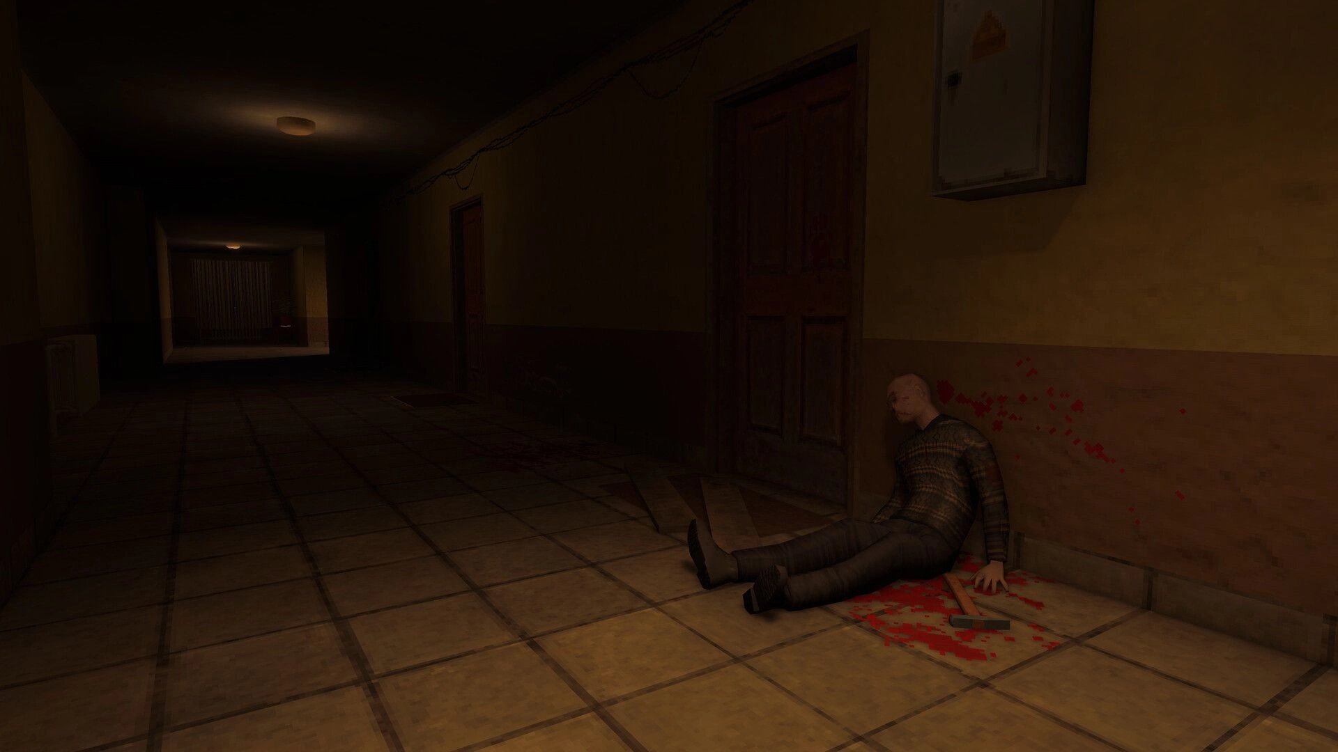 Iron Blight: Dead man slumped by a door with blood splatter and an axe in a dim corridor.