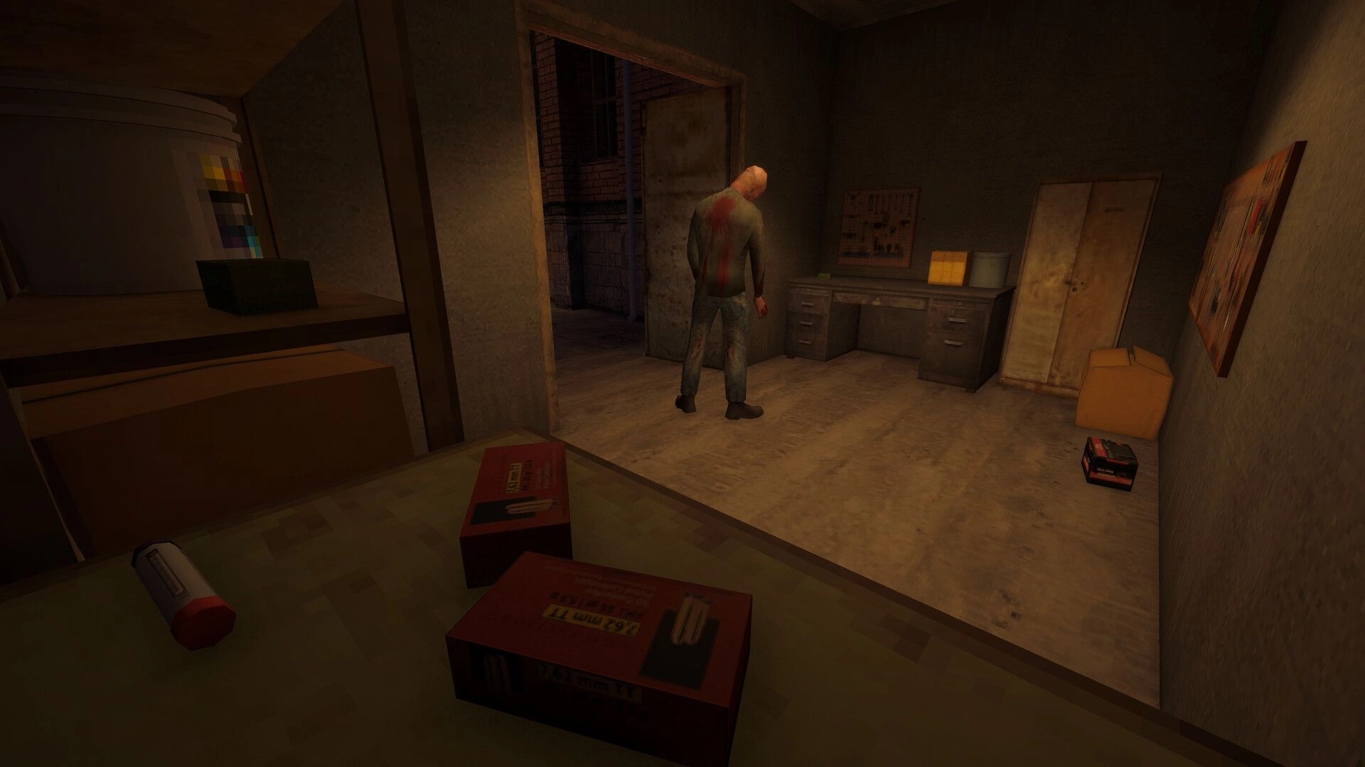 Iron Blight: Bloodstained man stands by an open door in a dim room with desk, lockers, boxes.