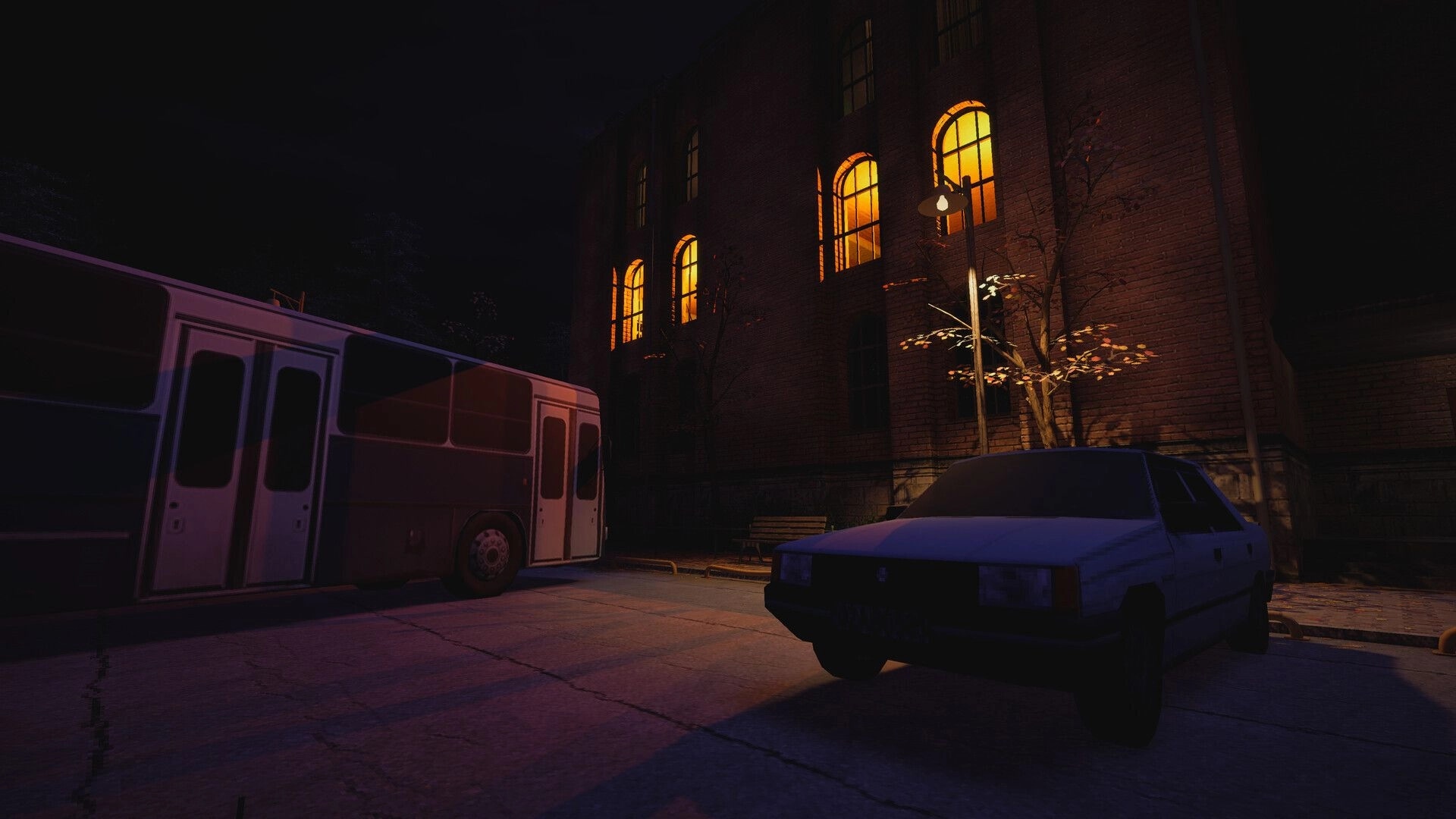 Iron Blight: Empty street with parked bus and sedan beside a lit brick building at night.