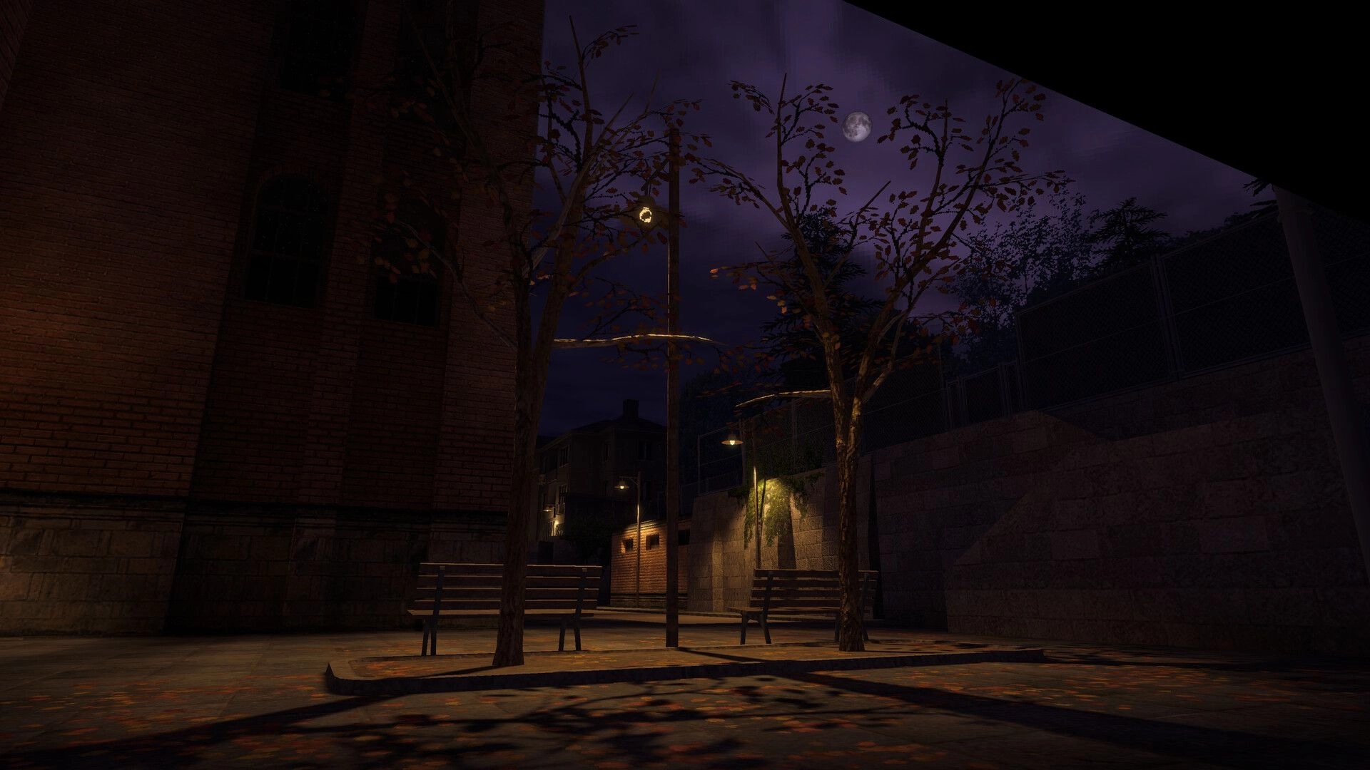 Iron Blight: Empty moonlit street with benches and lampposts beside tall brick buildings and walls.
