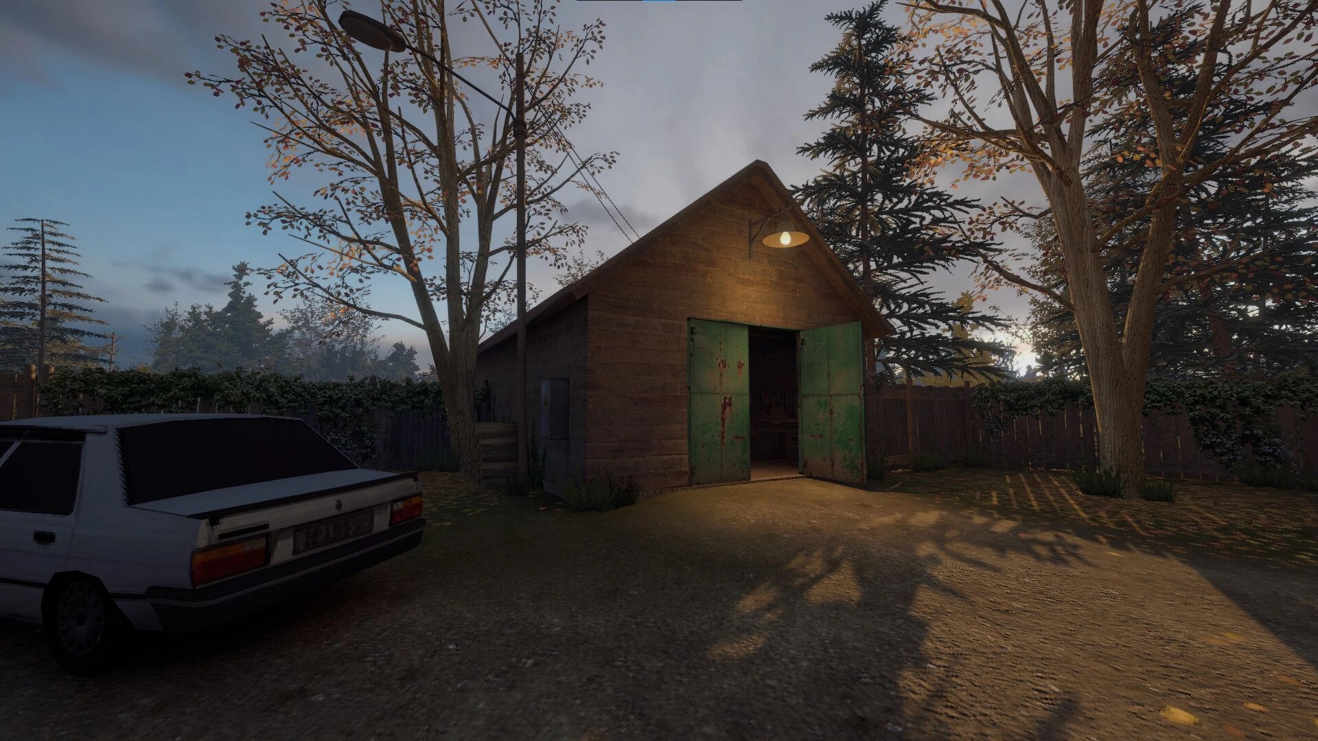 Iron Blight: Open green double doors on a shed beside a parked car in a tree-lined yard at dusk.