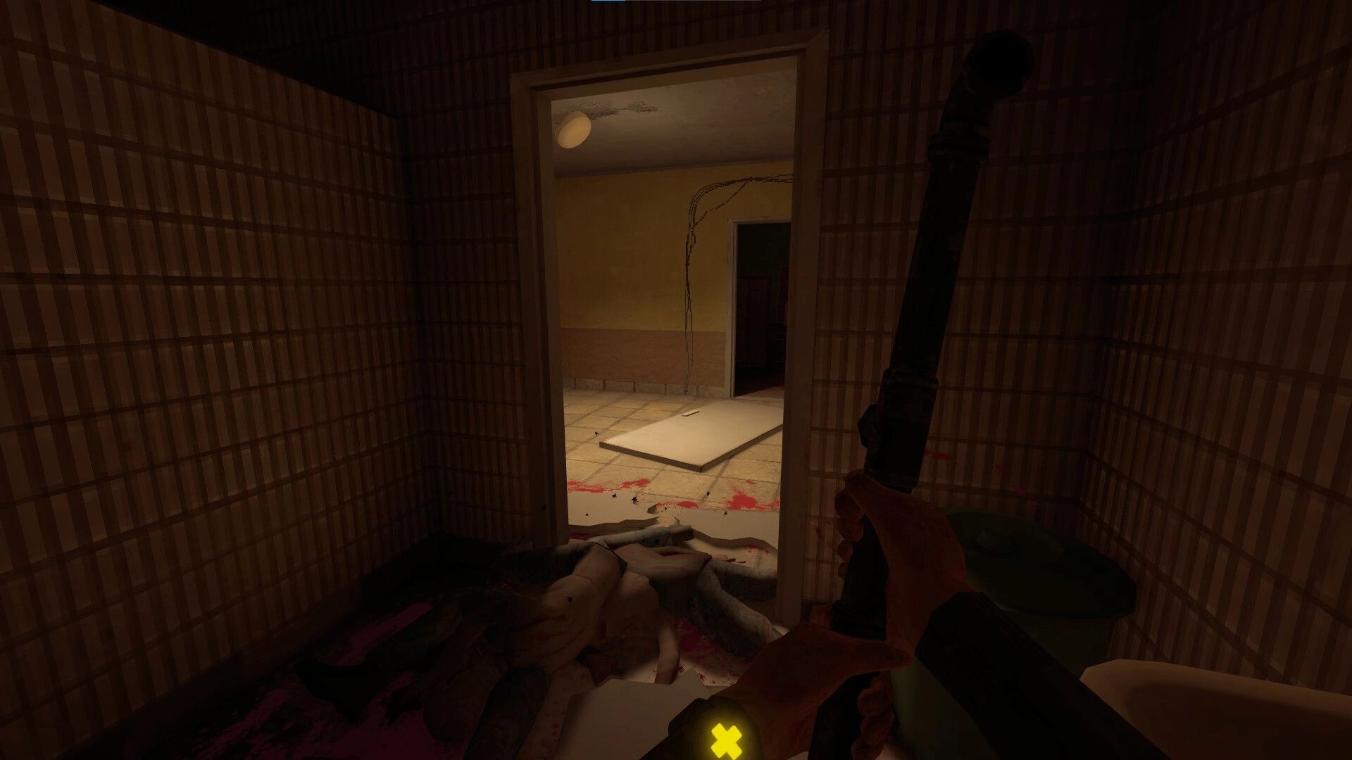 Iron Blight: First-person view holding a pipe weapon, staring through a doorway into a bloodied hall.