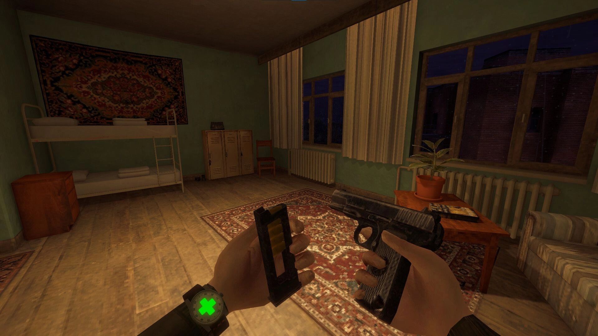 Iron Blight: Reloading a pistol in first-person inside a dim dorm room with bunk bed and lockers.