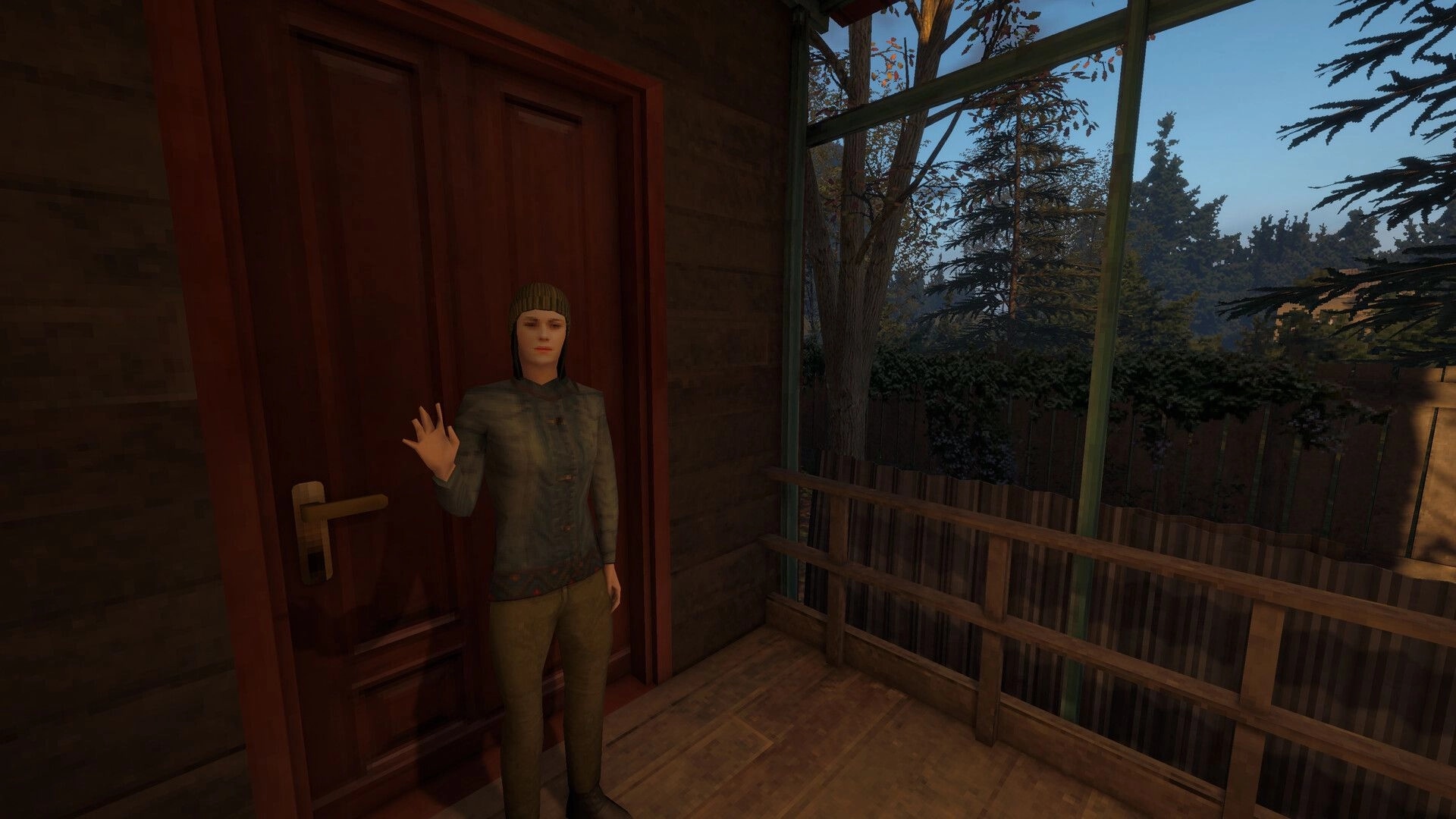 Iron Blight: Woman NPC raises a hand by a closed door on a wooden porch overlooking trees and fence.