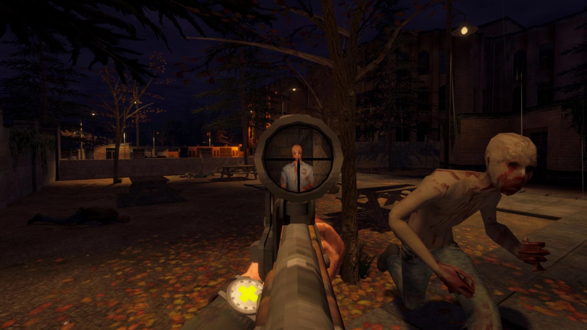 Iron Blight: Aiming down rifle scope at a bald zombie in a dim, rainy courtyard with benches.