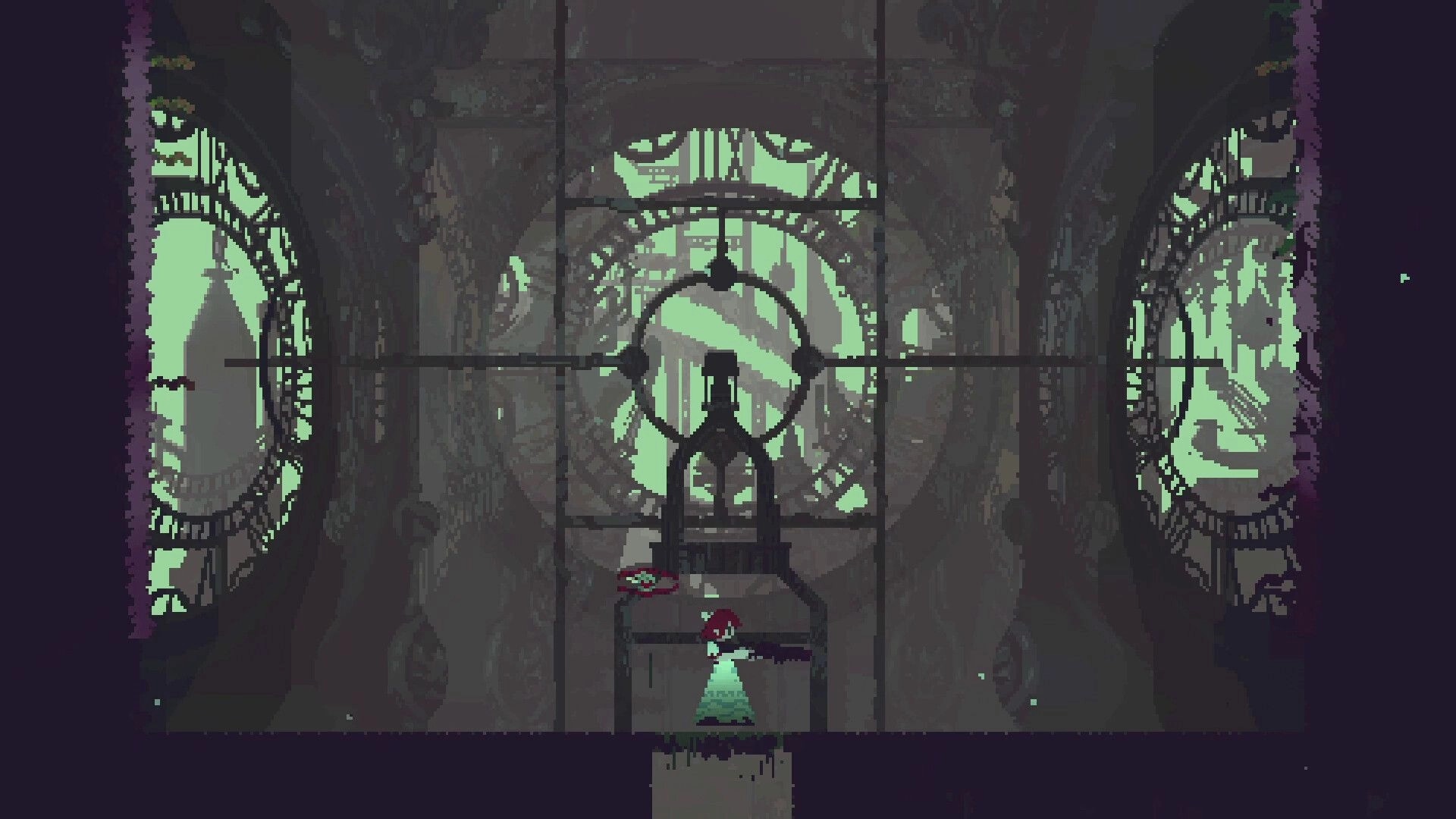 Iron Bramble: Player stands on a platform under a crosshair reticle in a dim green-lit chamber.