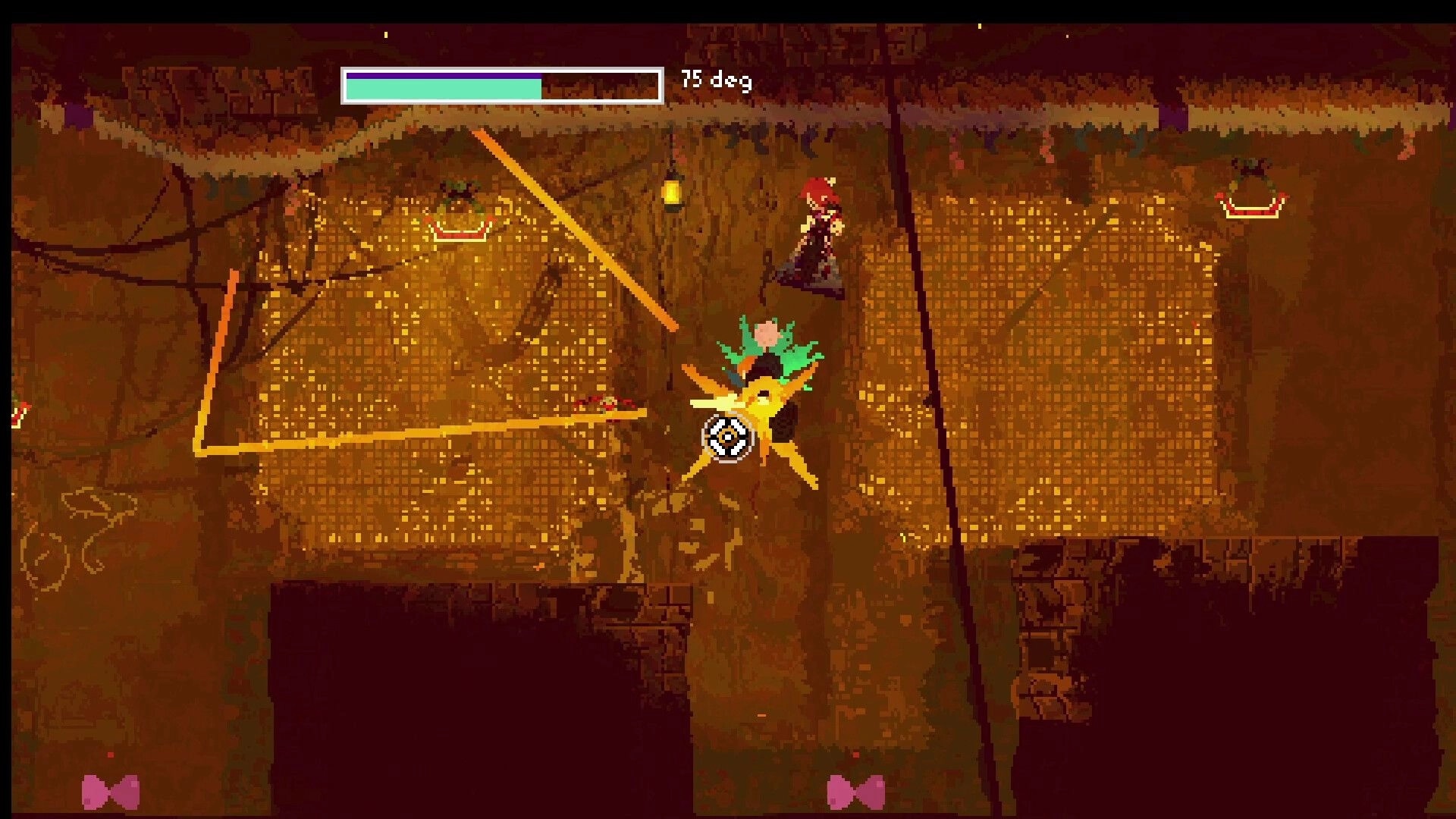 Iron Bramble: Grappling swing past a glowing enemy, angle meter at 75 deg in rusted shaft room.
