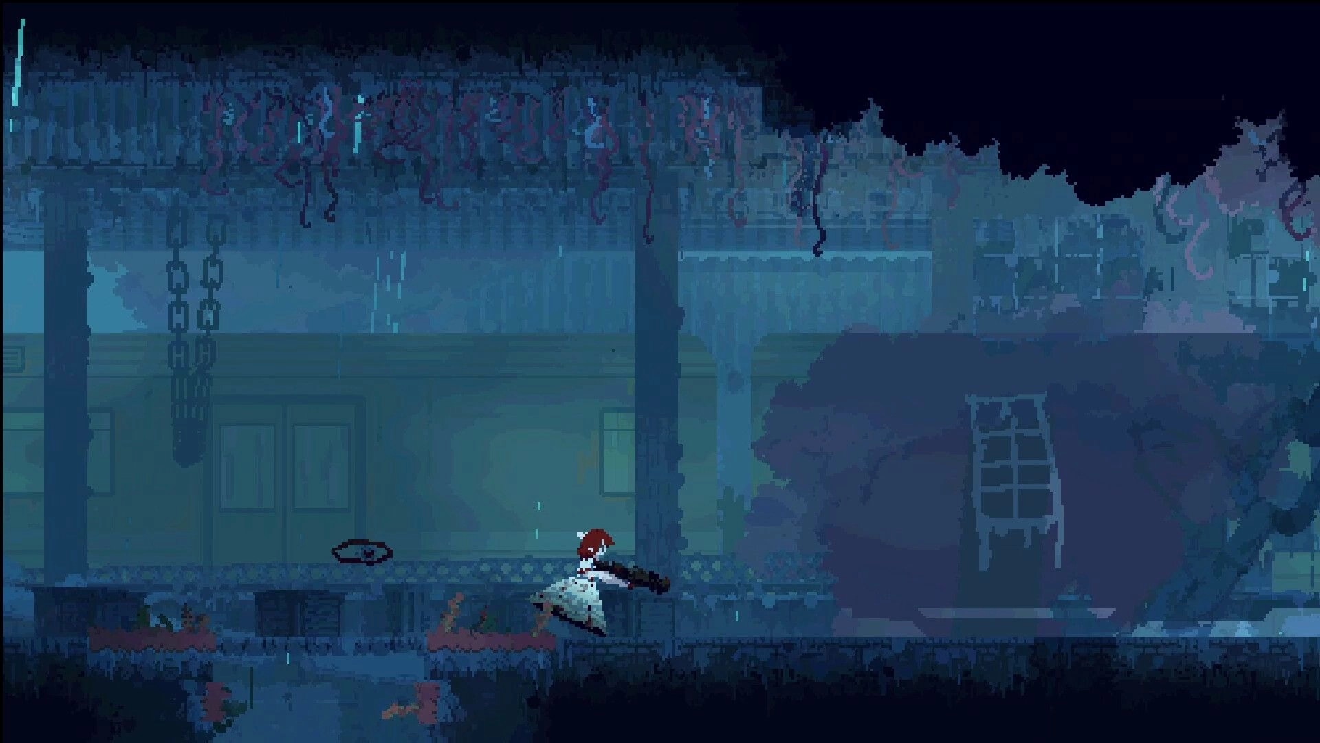 Iron Bramble: Red-haired gunfighter runs through rainy ruins with hanging vines and broken walls.
