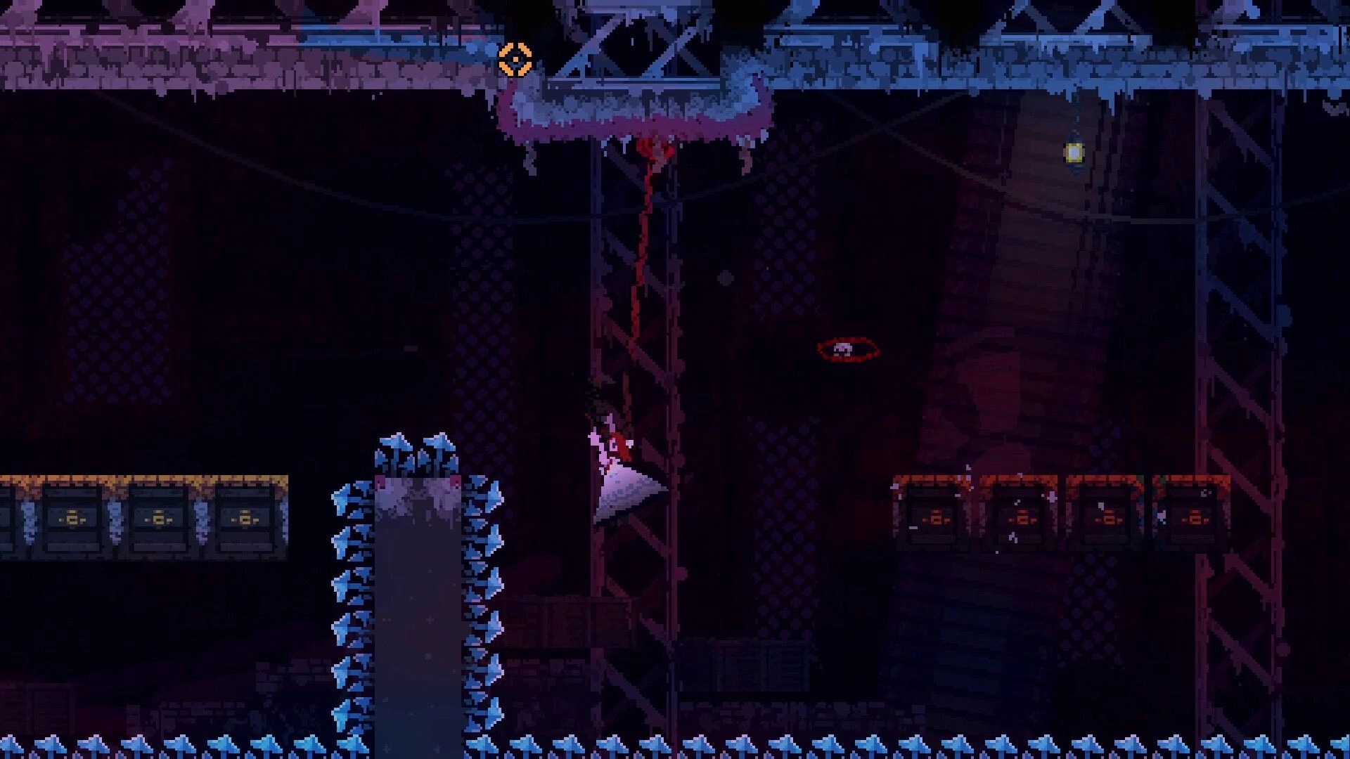 Iron Bramble: Player grapples upward past spike walls and crates in a dark industrial shaft with crosshair UI.