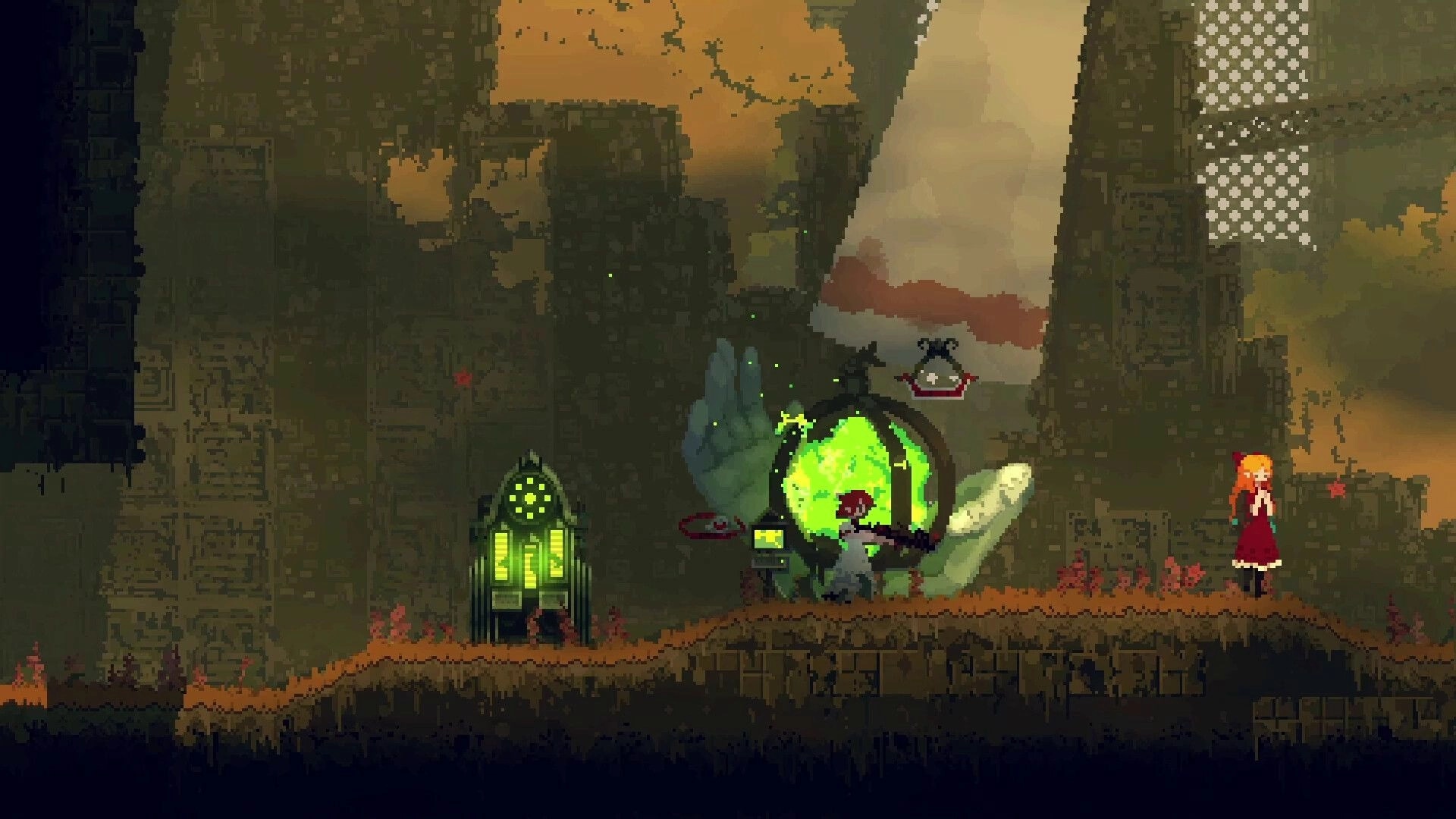 Iron Bramble: Player stands by glowing green machine and terminal in a ruined pixel-art corridor cave.