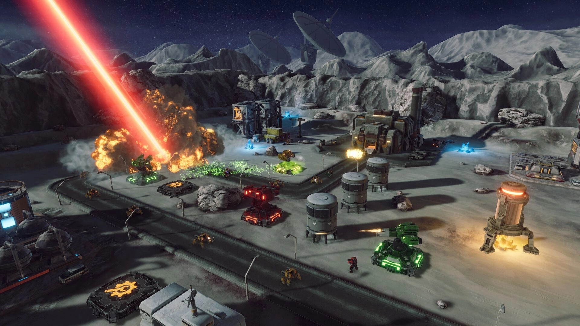 IRON GUARD: Laser attack on moon base with turrets defending, mountainous terrain in the background.