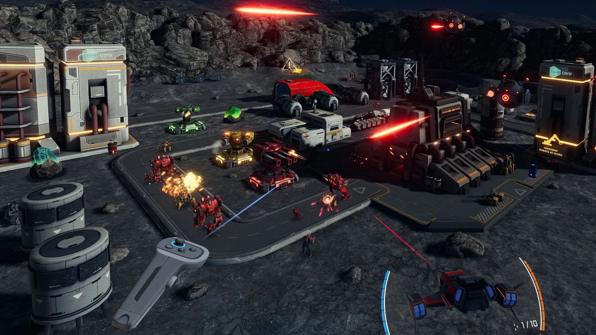 IRON GUARD: Defending base with turrets and robots on rocky terrain, overhead drones firing lasers