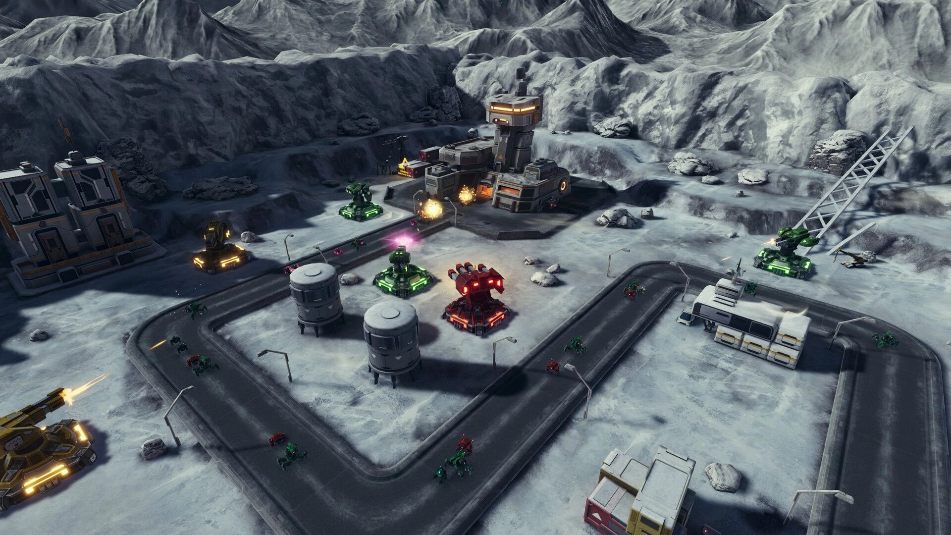 IRON GUARD: Battle with robotic enemies and turrets in a snowy mountain base environment