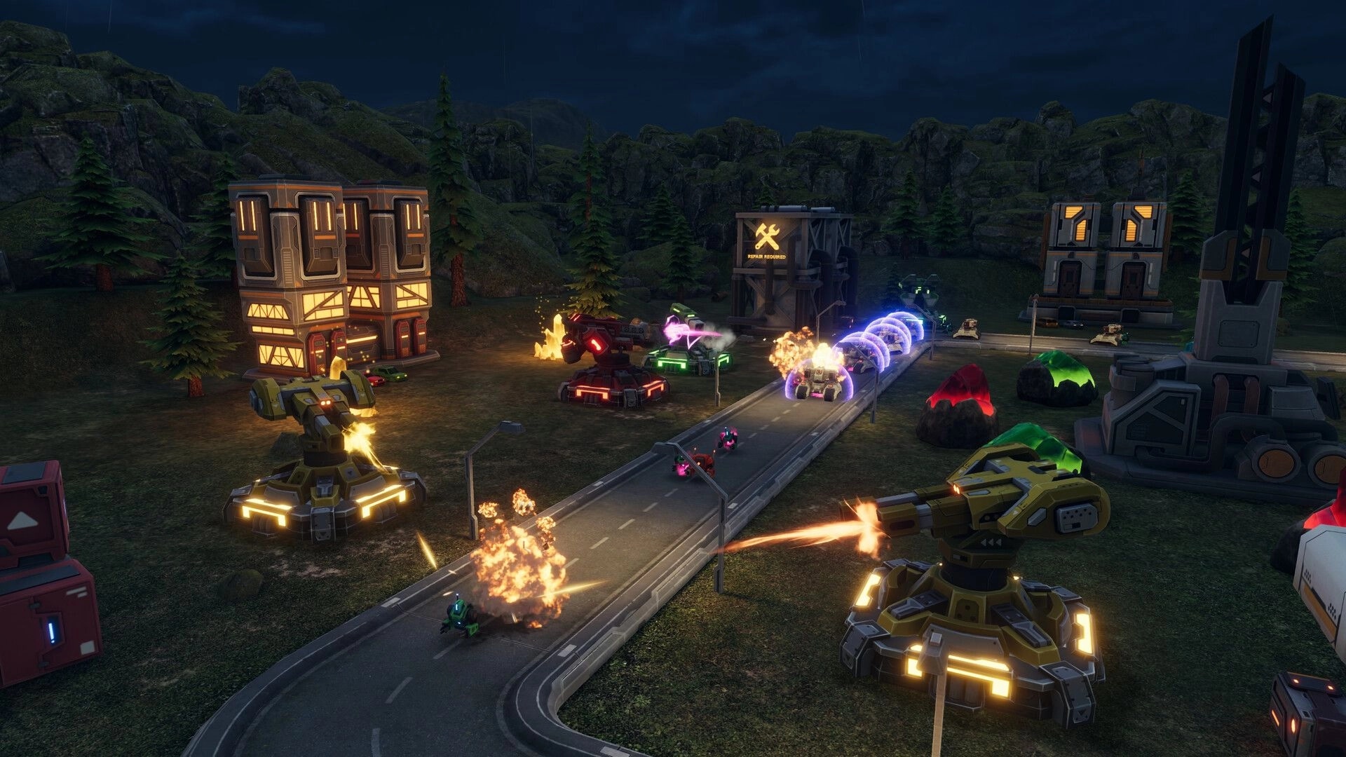 IRON GUARD: Defending road with turrets firing at robotic enemies in a mountainous base setting