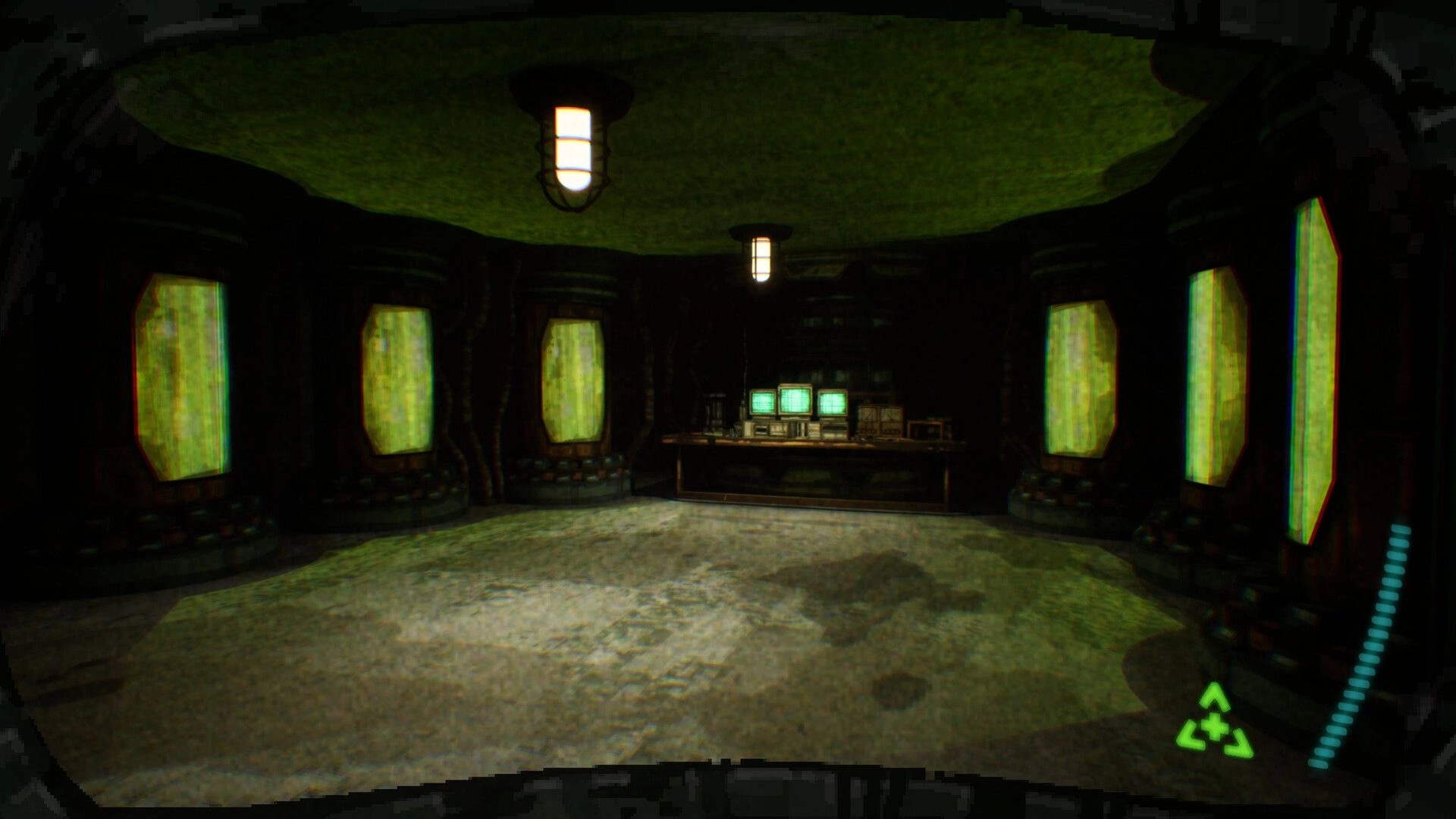 Ironclad: First-person view inside a dim control room with green tanks and monitor desk ahead.