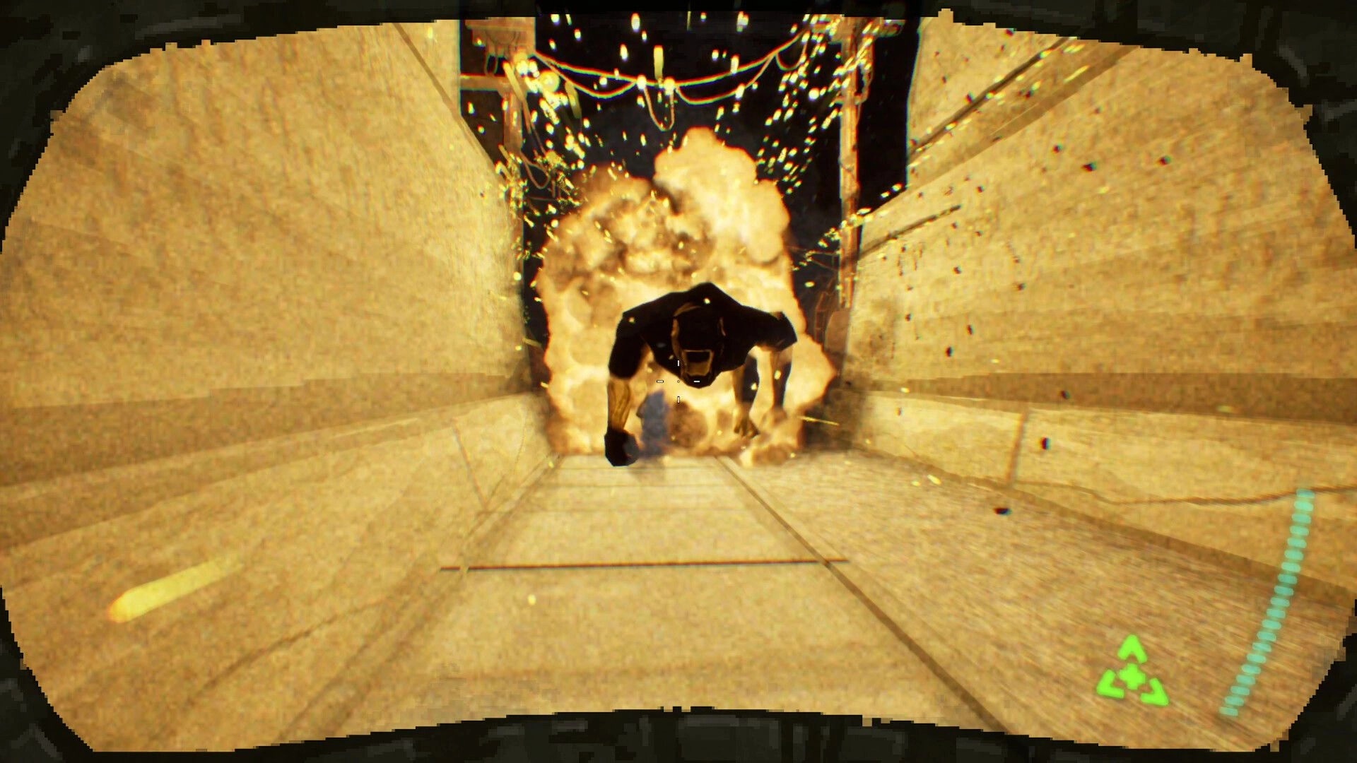 Ironclad: First-person view of a creature charging through a fiery blast in a narrow concrete corridor.