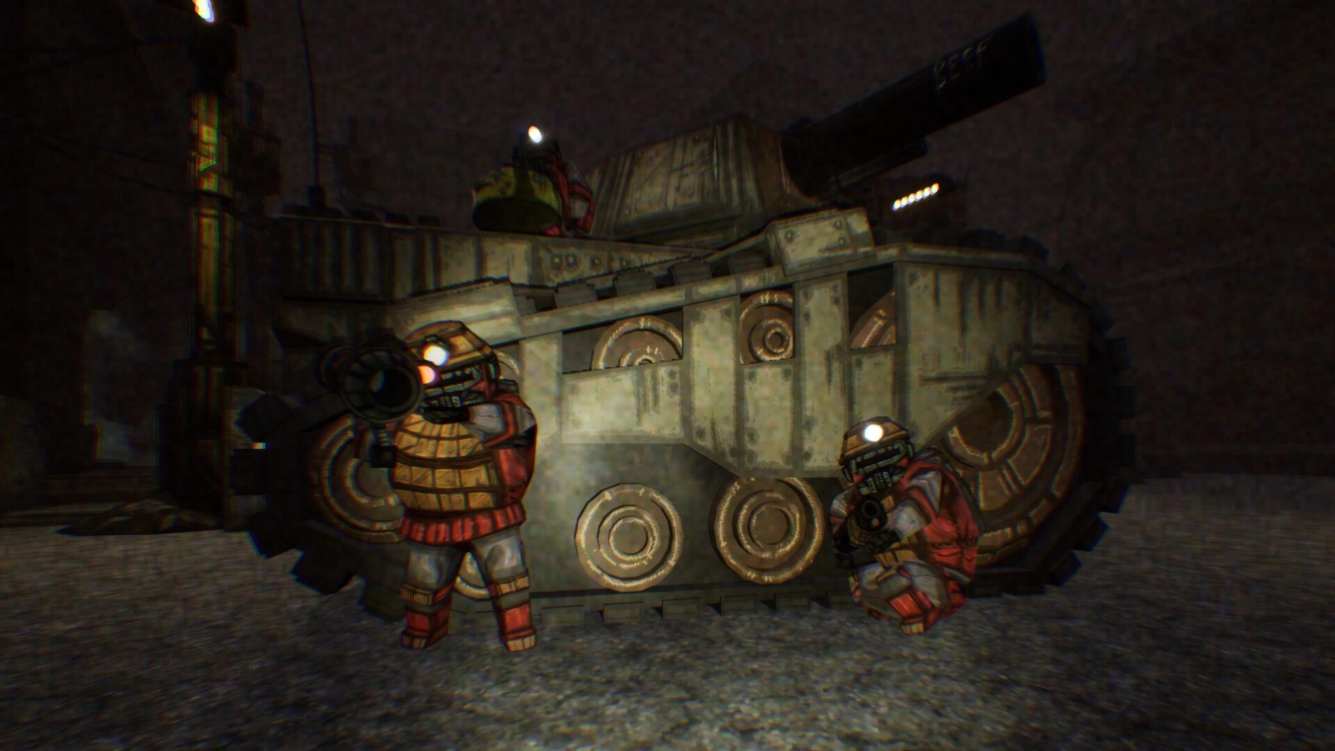 Ironclad: Two armored soldiers aim rifles beside a heavy tank in a dark industrial yard at night.