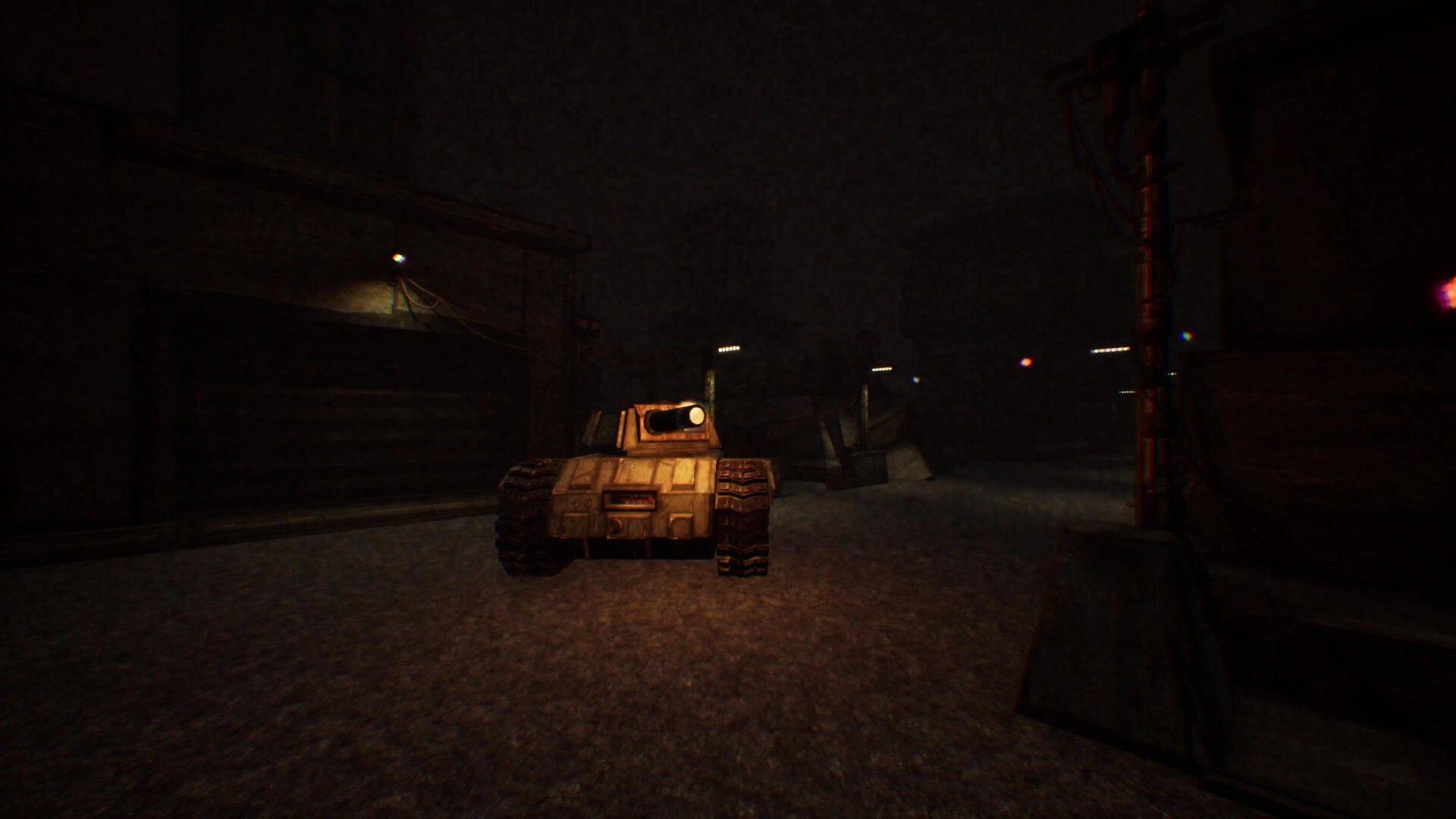 Ironclad: Tank driving down a dark industrial street with floodlights and heavy fog at night.