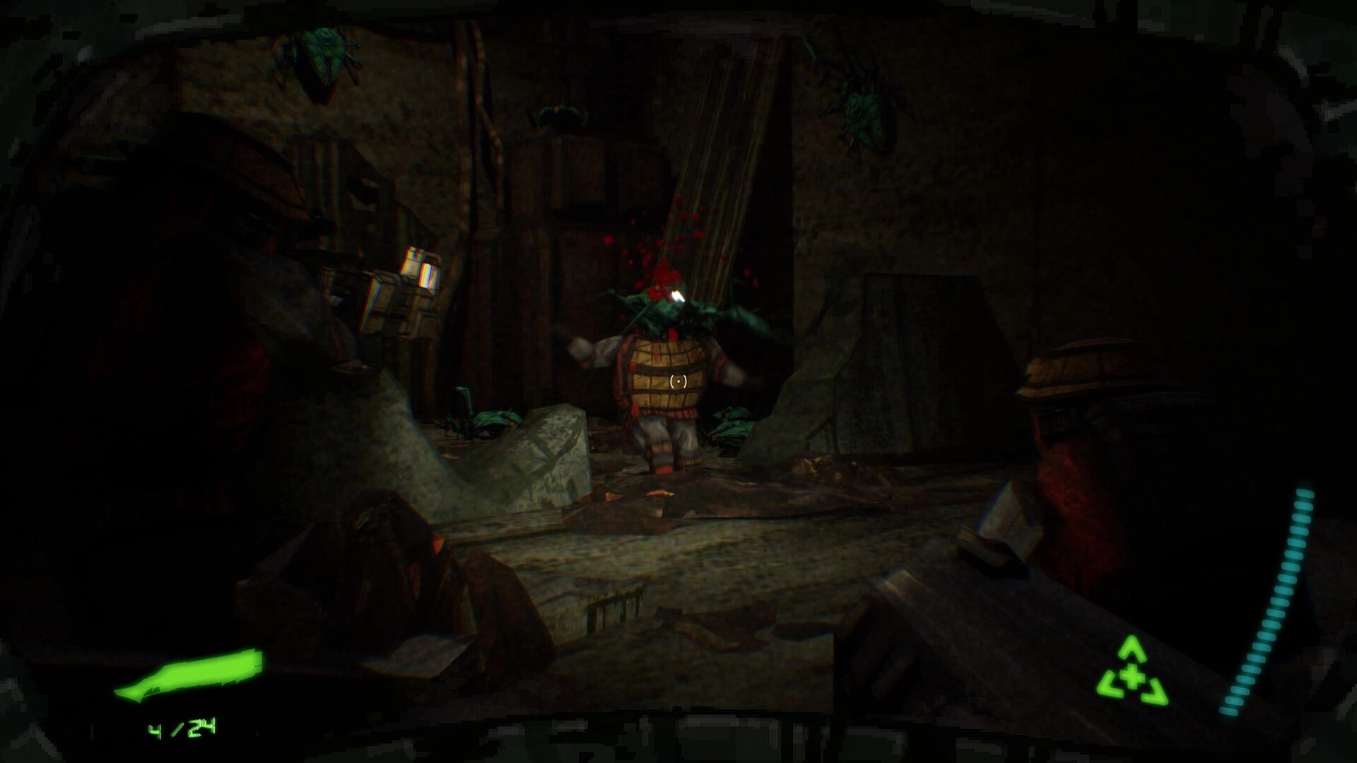 Ironclad: First-person aiming at a barrel-bodied monster amid debris, green HUD in a dark tunnel.