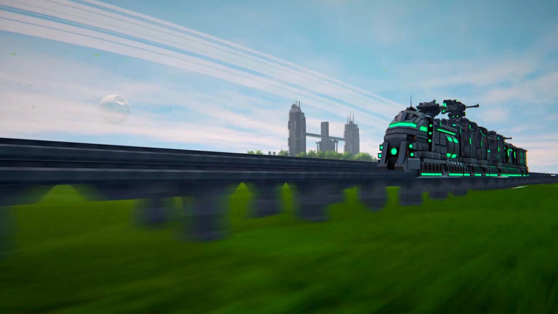 Ironfront Express: Armored neon-lit locomotive with turret guns racing past a distant futuristic skyline.