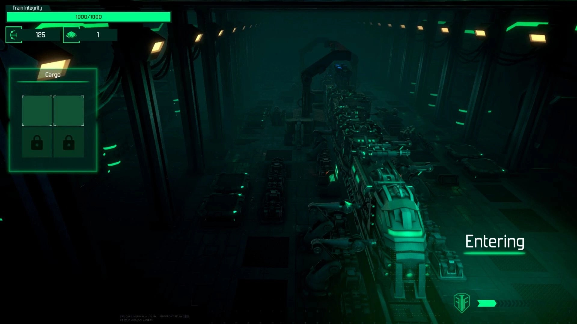 Ironfront Express: Cargo UI and train integrity bar over armored locomotive entering a dark tunnel bay.