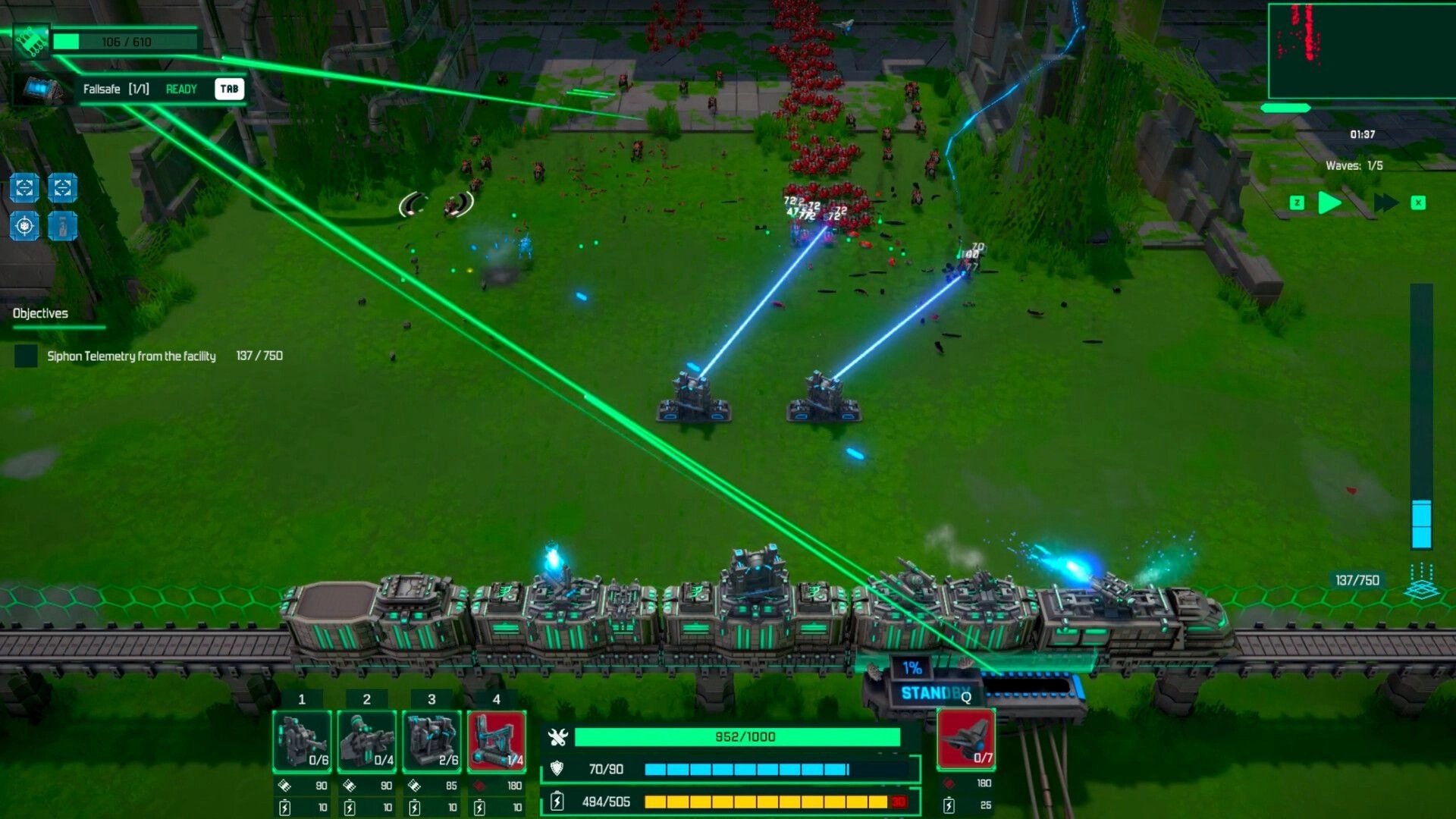 Ironfront Express: Turret lasers fire from armored train at enemy swarm on grassy facility lanes UI visible.