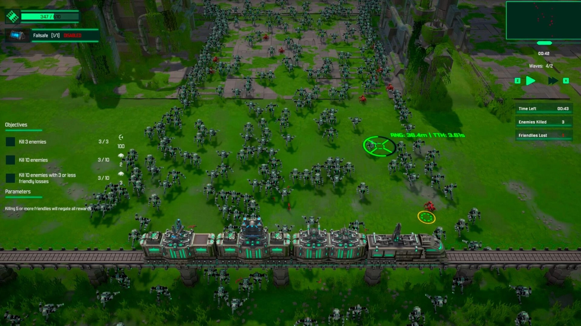 Ironfront Express: Armored train holds a bridge as robot hordes swarm a grassy ruin, wave UI visible.