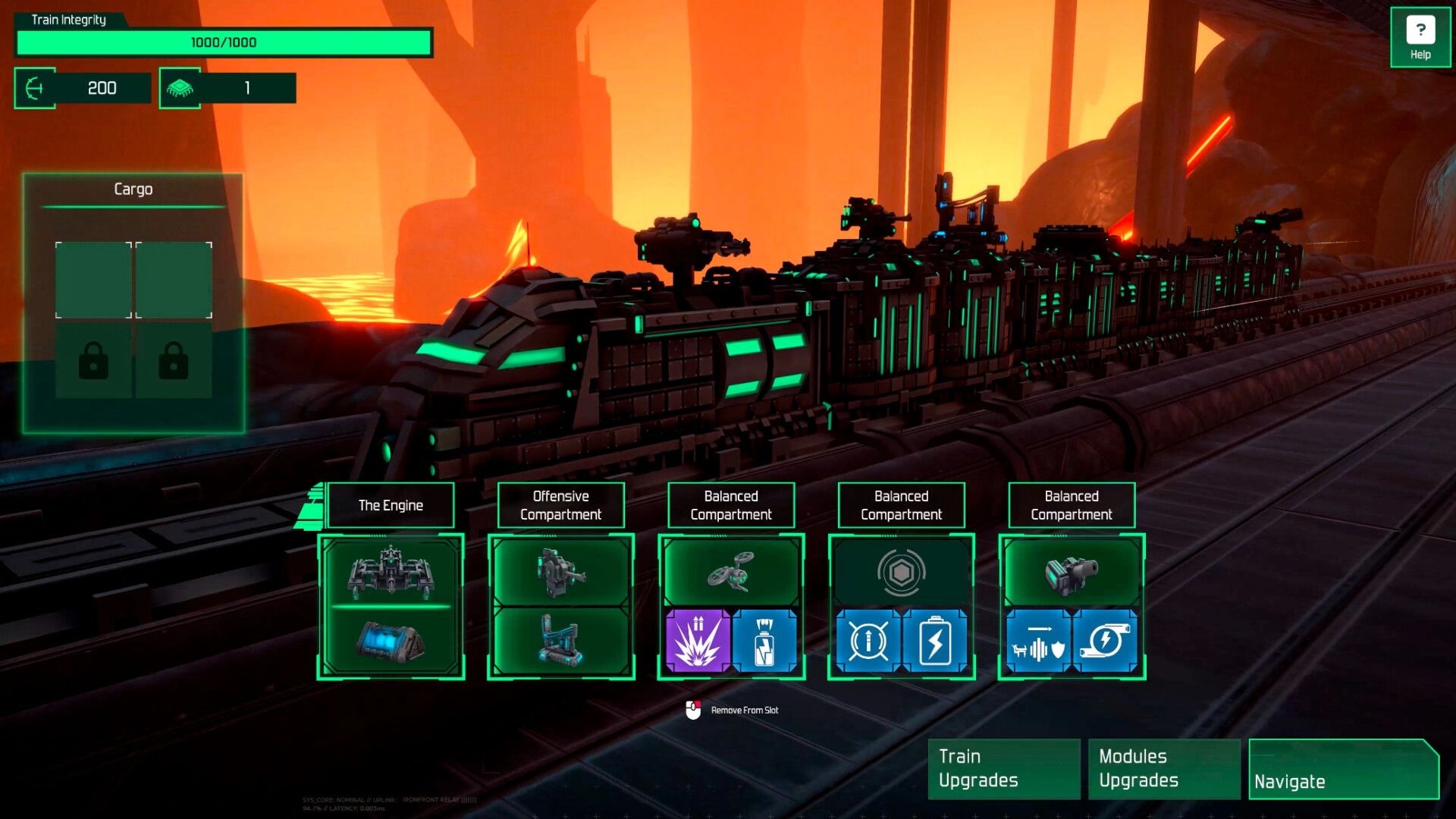 Ironfront Express: Train upgrade screen with turret modules and cargo slots on a neon armored locomotive at sunset.
