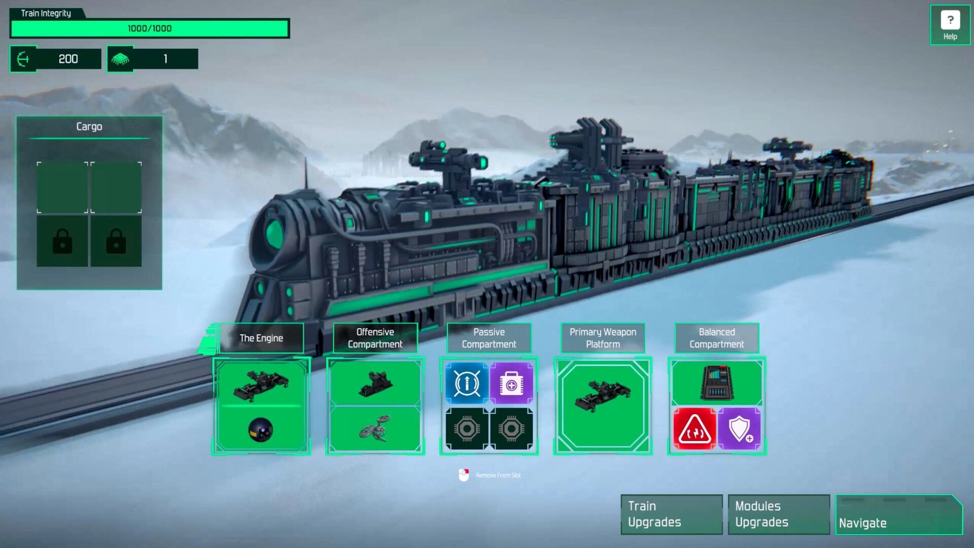 Ironfront Express: Train upgrade screen with module slots and cargo panel beside armored locomotive in snow.