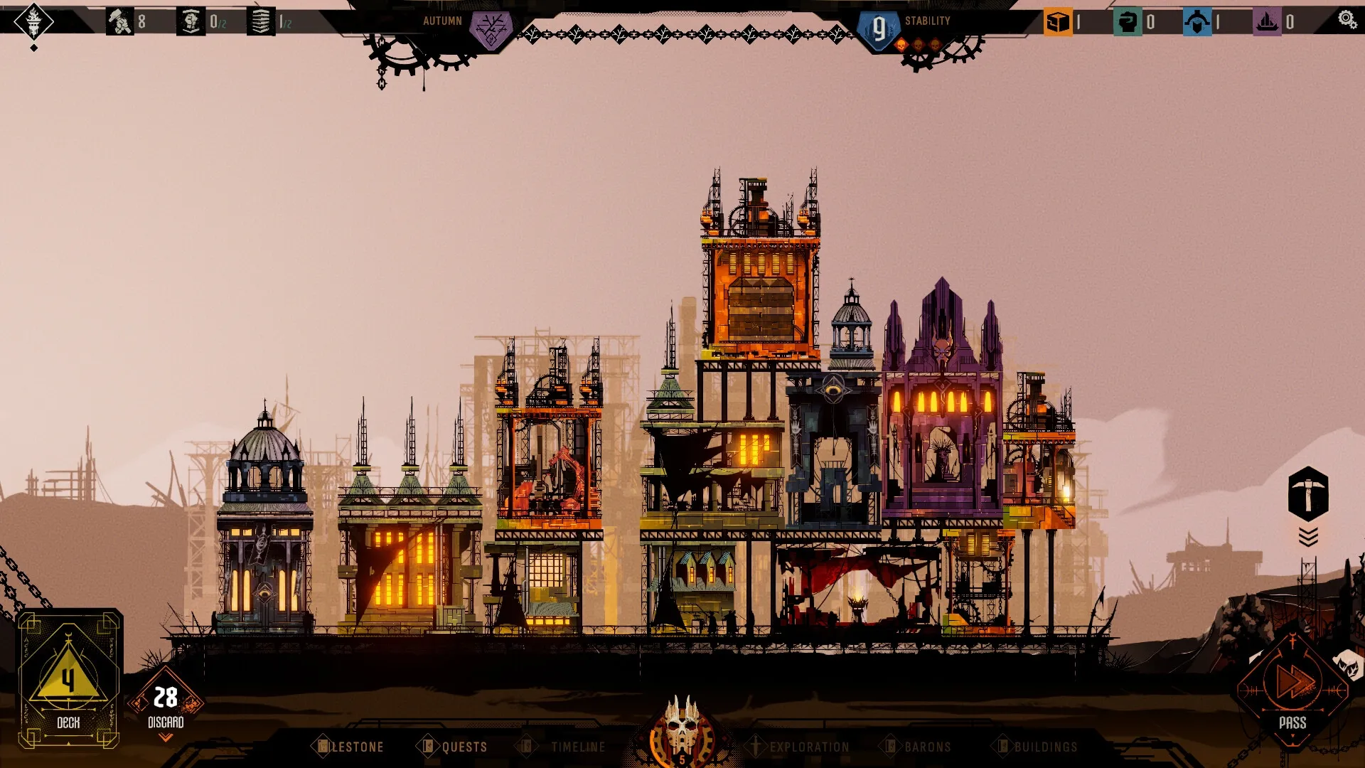 IRONHIVE: City overview with towering buildings, resource indicators, and deck options in a barren landscape.