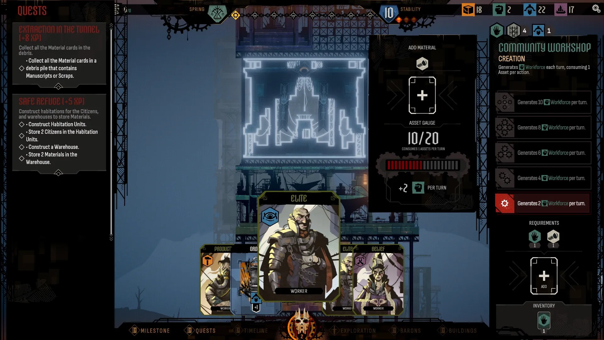 IRONHIVE: Quest menu and character cards in industrial setting with asset gauge and community workshop.
