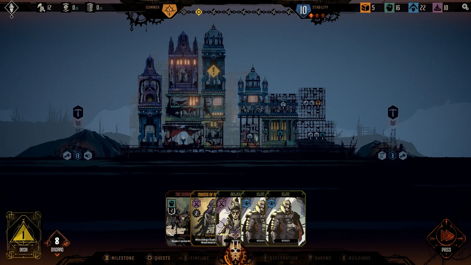 IRONHIVE: Colony overview with resource bars, character cards, and building structures illuminated at night.