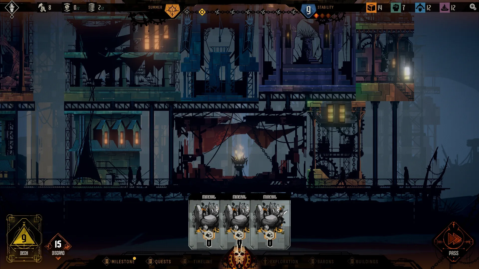 IRONHIVE: City overview with resource cards displayed, showing deck and discard piles at the bottom.