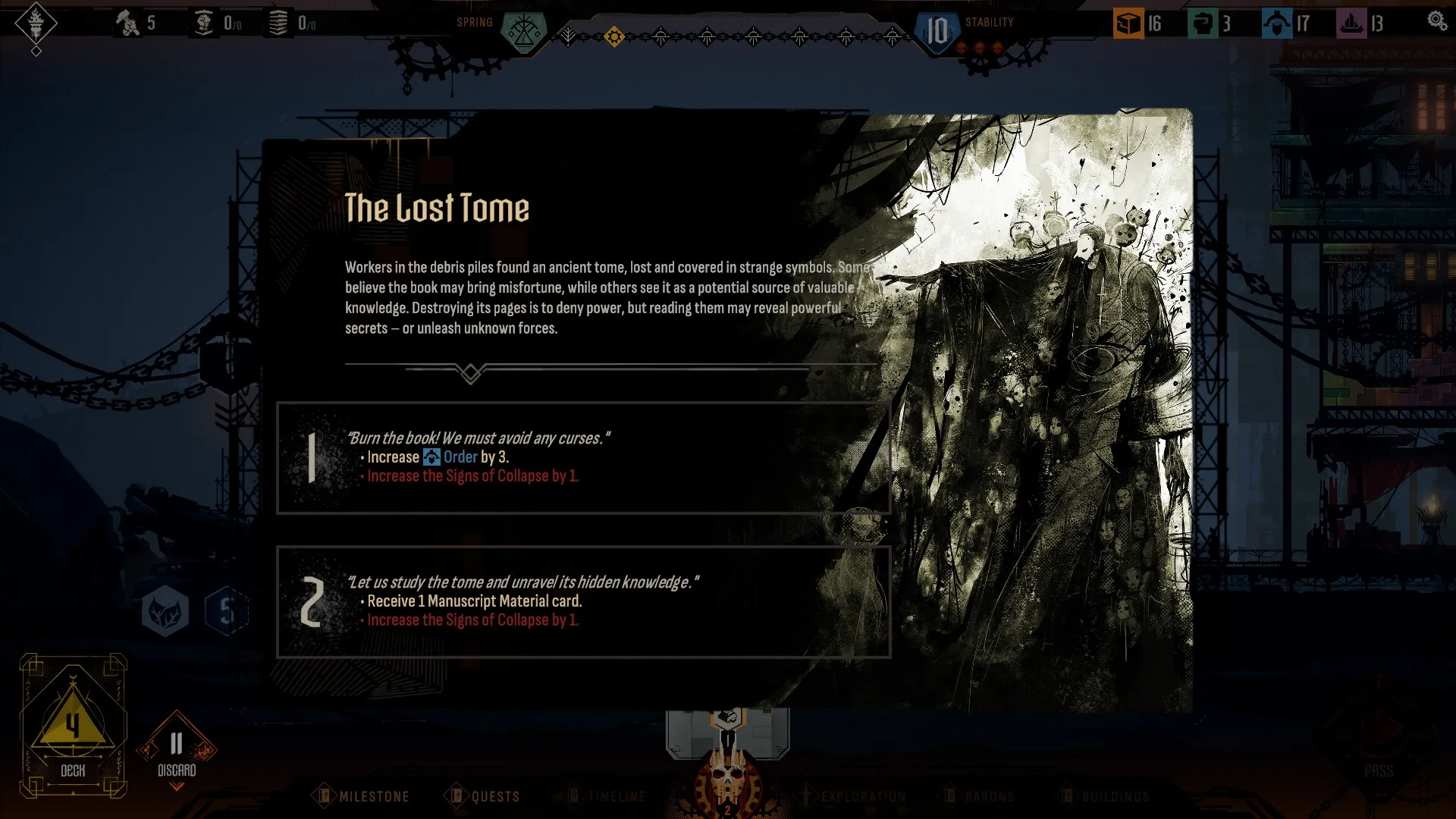 IRONHIVE: Decision interface about an ancient tome with options to burn or study it in an industrial setting.