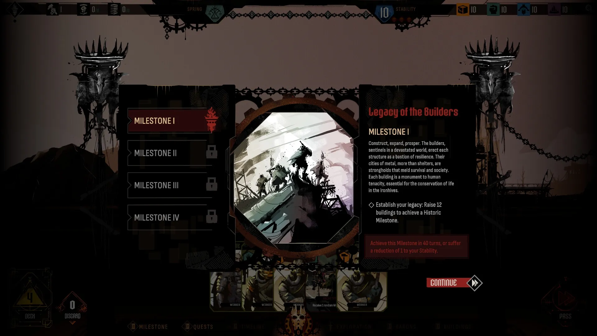 IRONHIVE: Milestone selection menu with "Legacy of the Builders" text and various UI elements visible